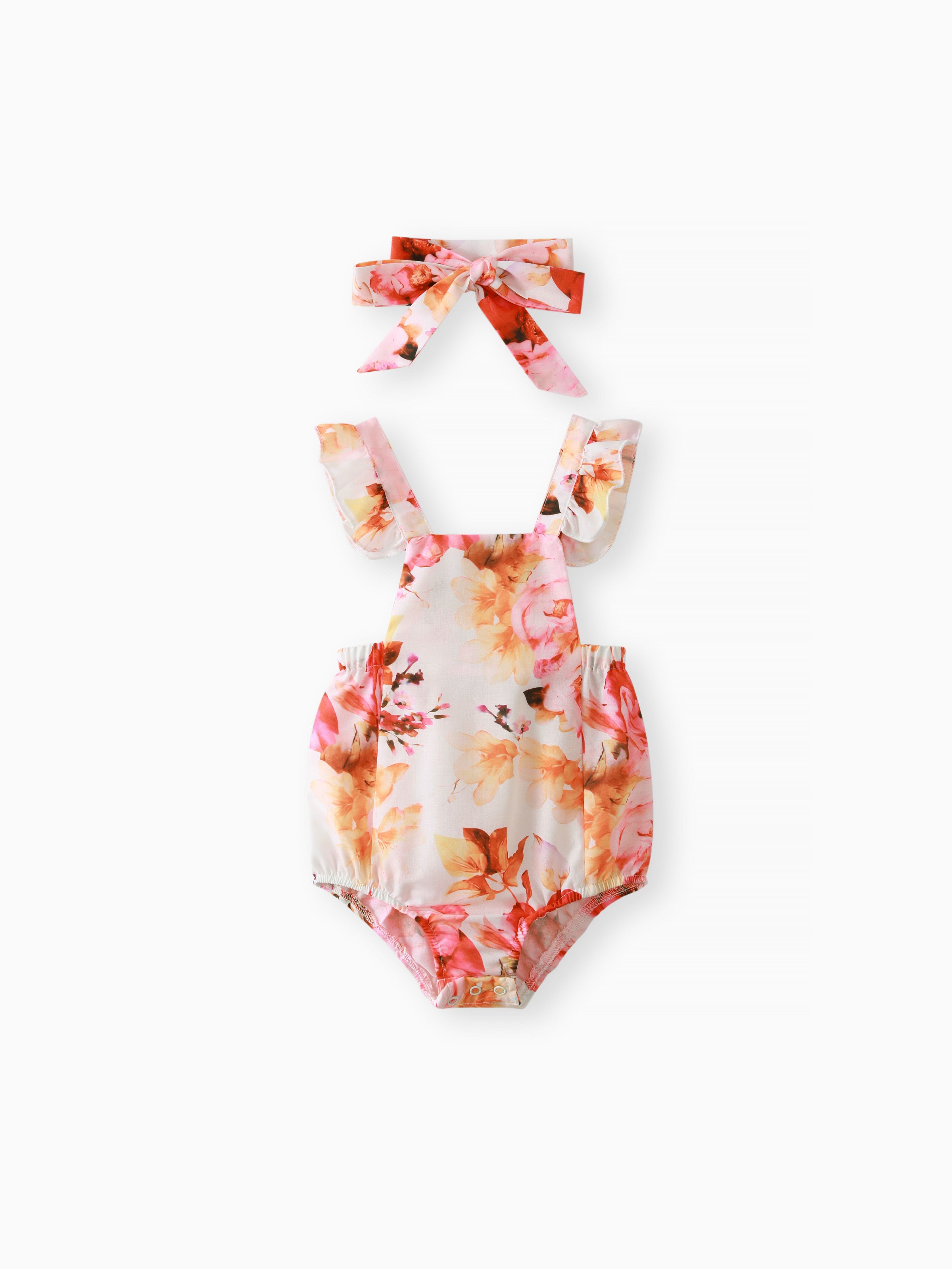 

2pcs Baby Girl Allover Floral Print Ruffle Trim Sleeveless Romper & Headband Set