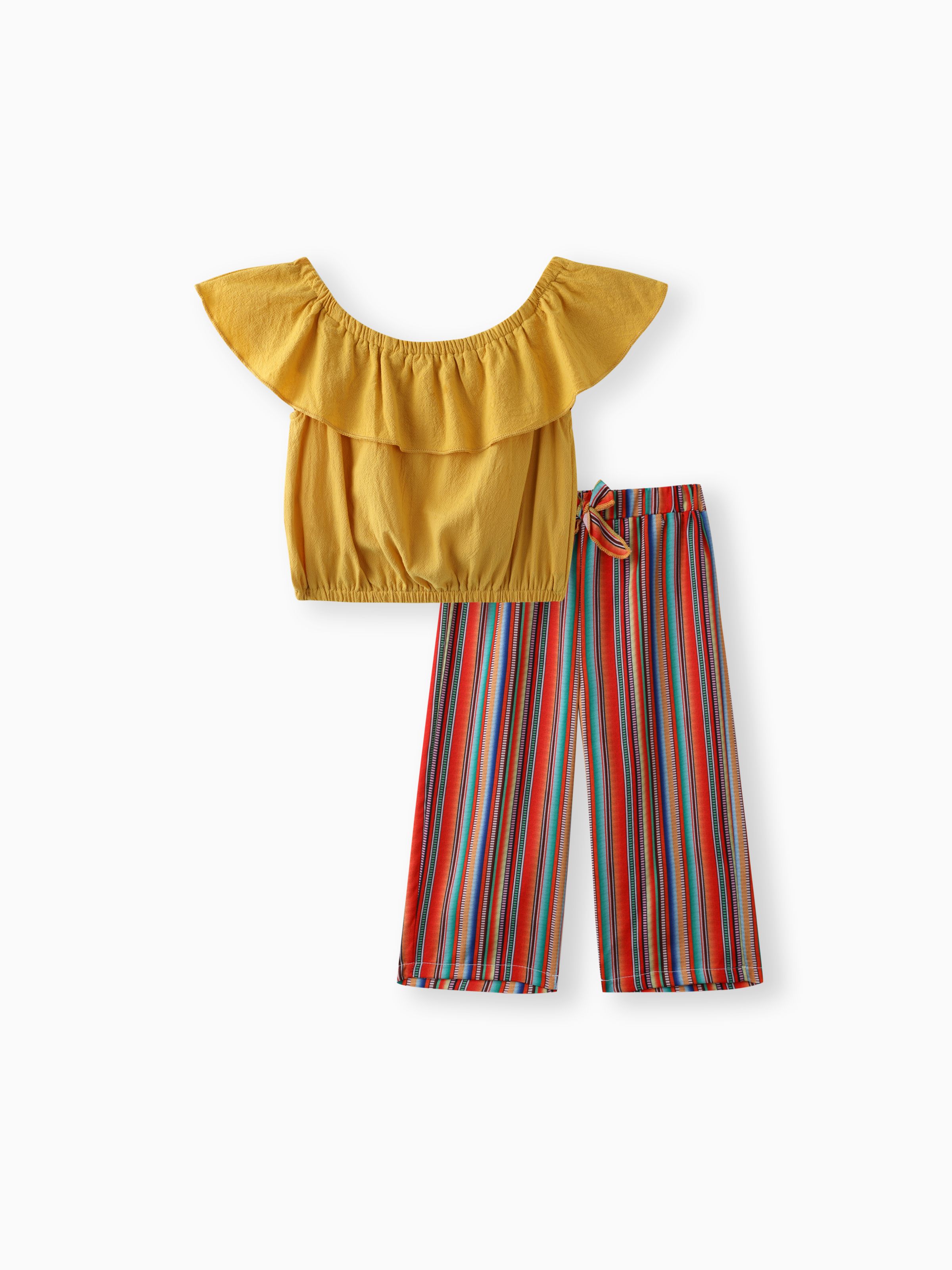 

Pretty Solid Flounced Collar Top and Striped Pants Set