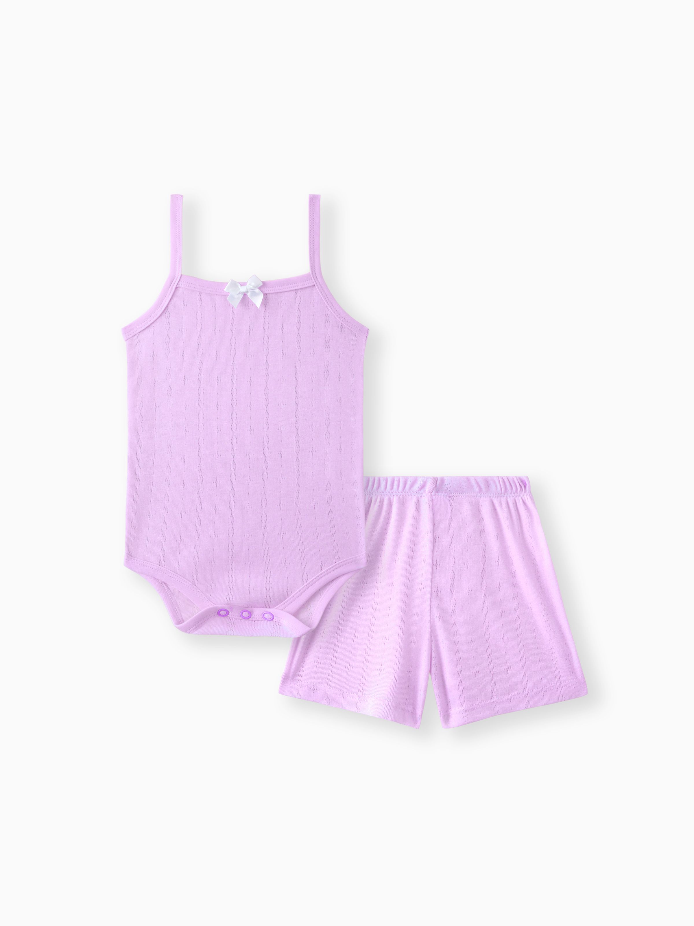 

2pcs Baby Girl Solid Cami Romper & Shorts Set