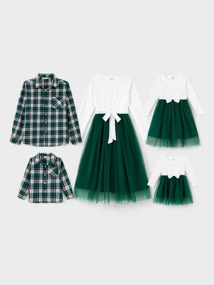 Family Matching Long-sleeve Mesh Splice Belted Dresses and Plaid Shirts Sets