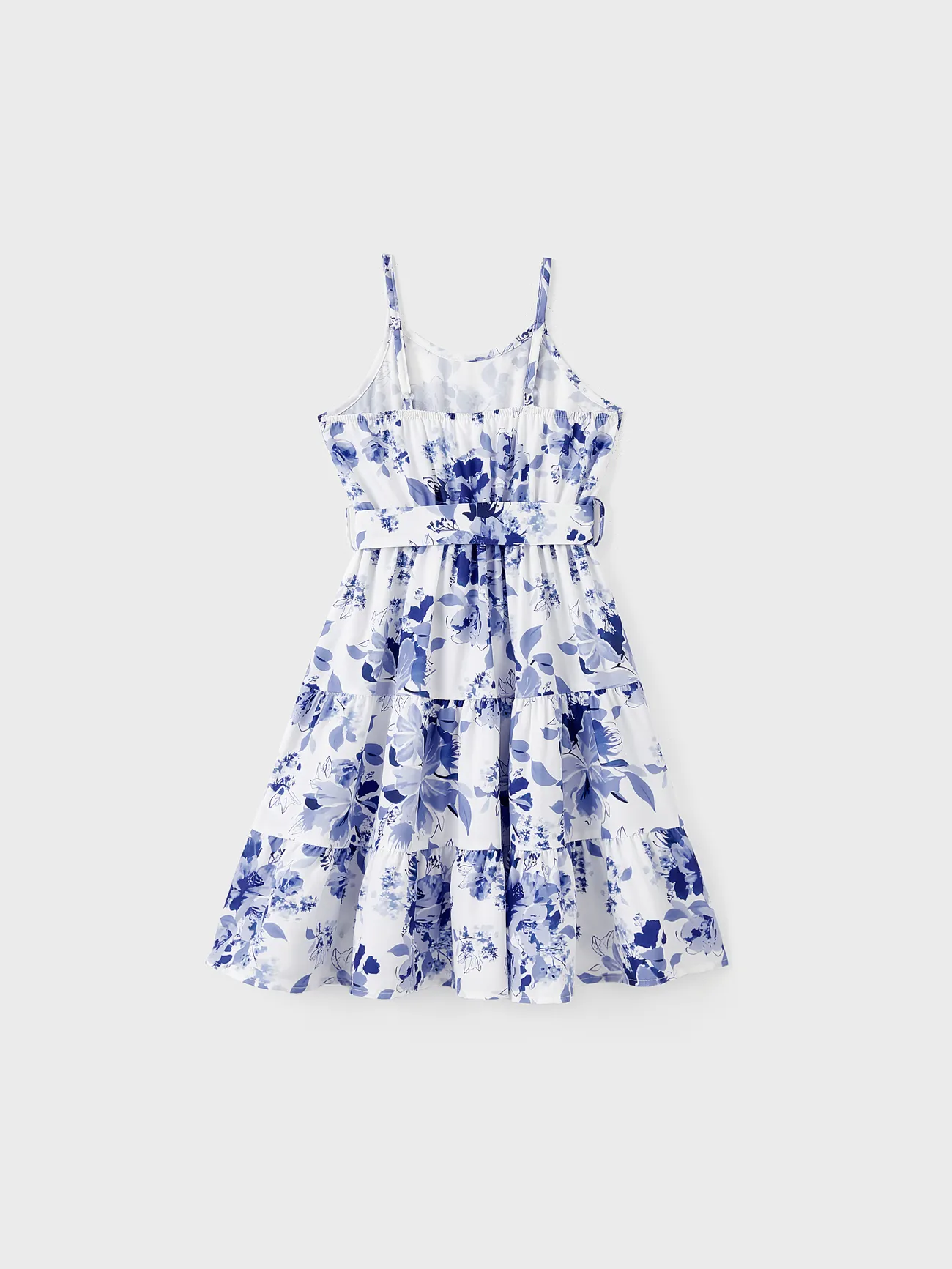 Girl - Family Matching Allover Floral Print Belted Cami Dresses and Colorblock Striped Polo Neck T-shirts Sets - Blue - image 8