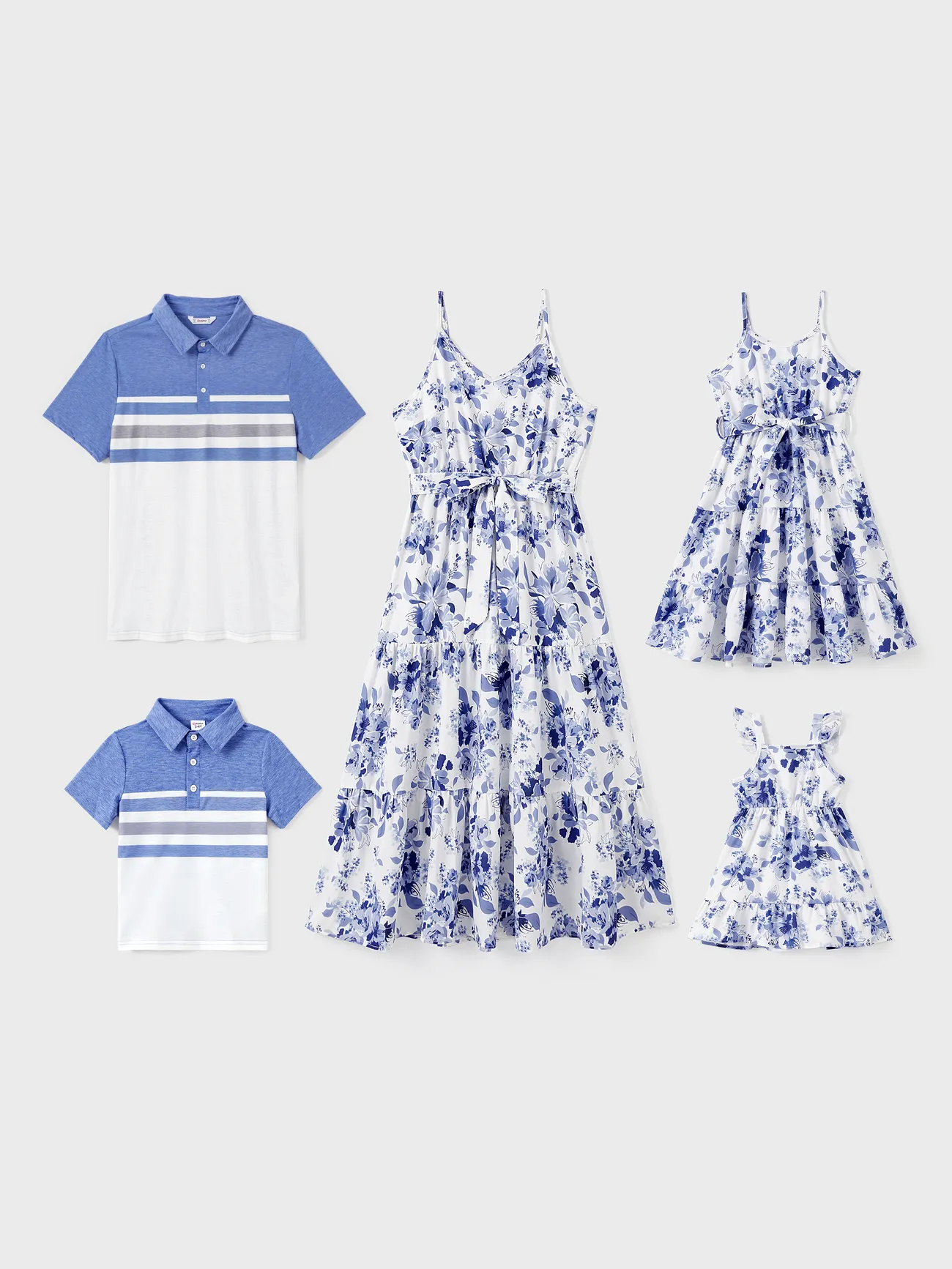 Family Matching Allover Floral Print Belted Cami Dresses and Colorblock Striped Polo Neck T-shirts Sets - Blue - image 1