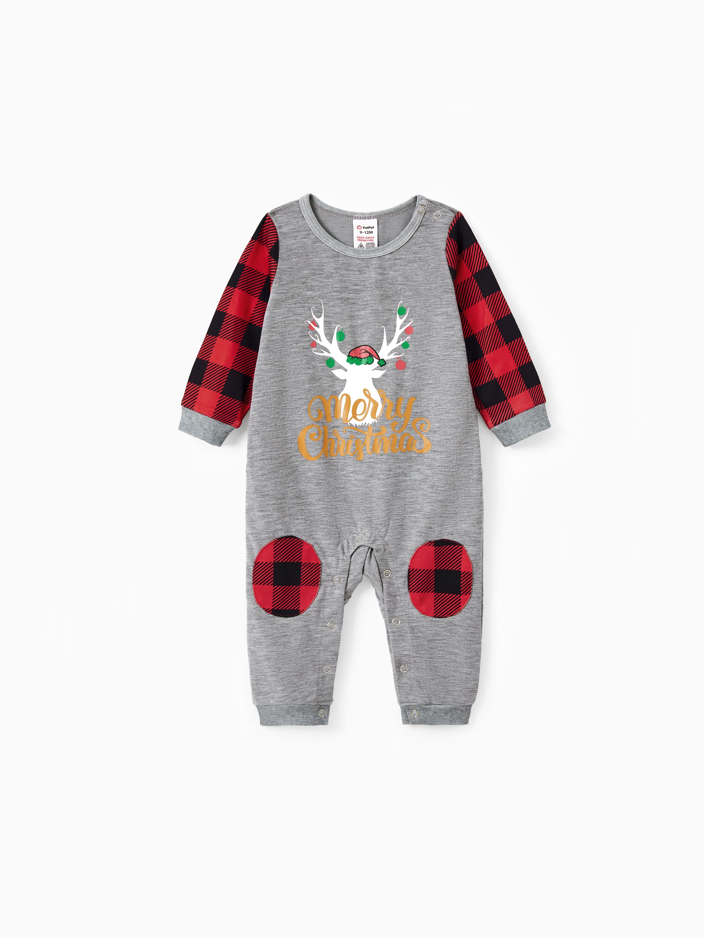 

Merry Christmas Letter Antler Print Plaid Splice Matching Pajamas Sets for Family (Flame Resistant)