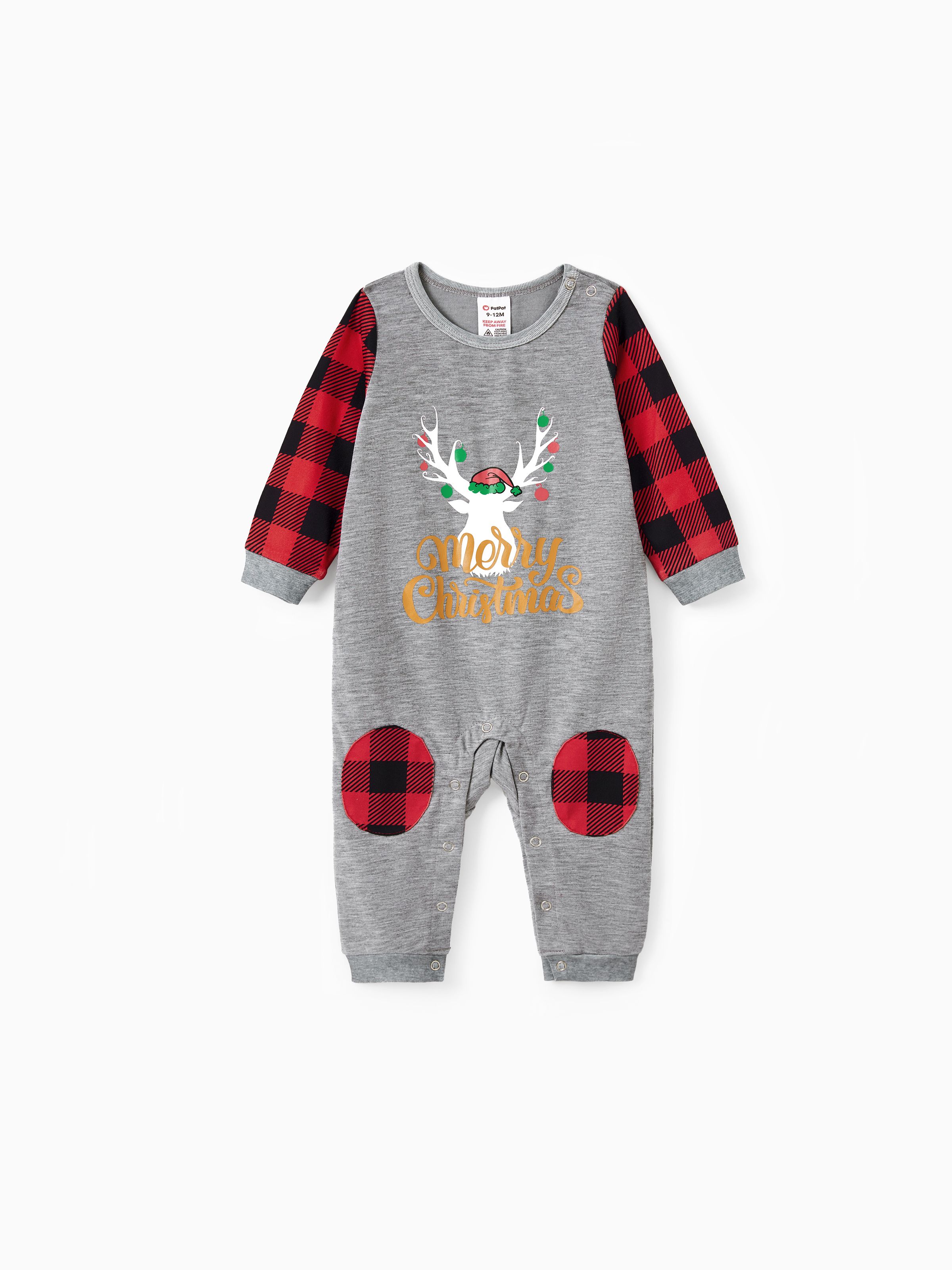 

Merry Christmas Family Matching Letter Antler Print Plaid Splice Matching Pajamas Sets