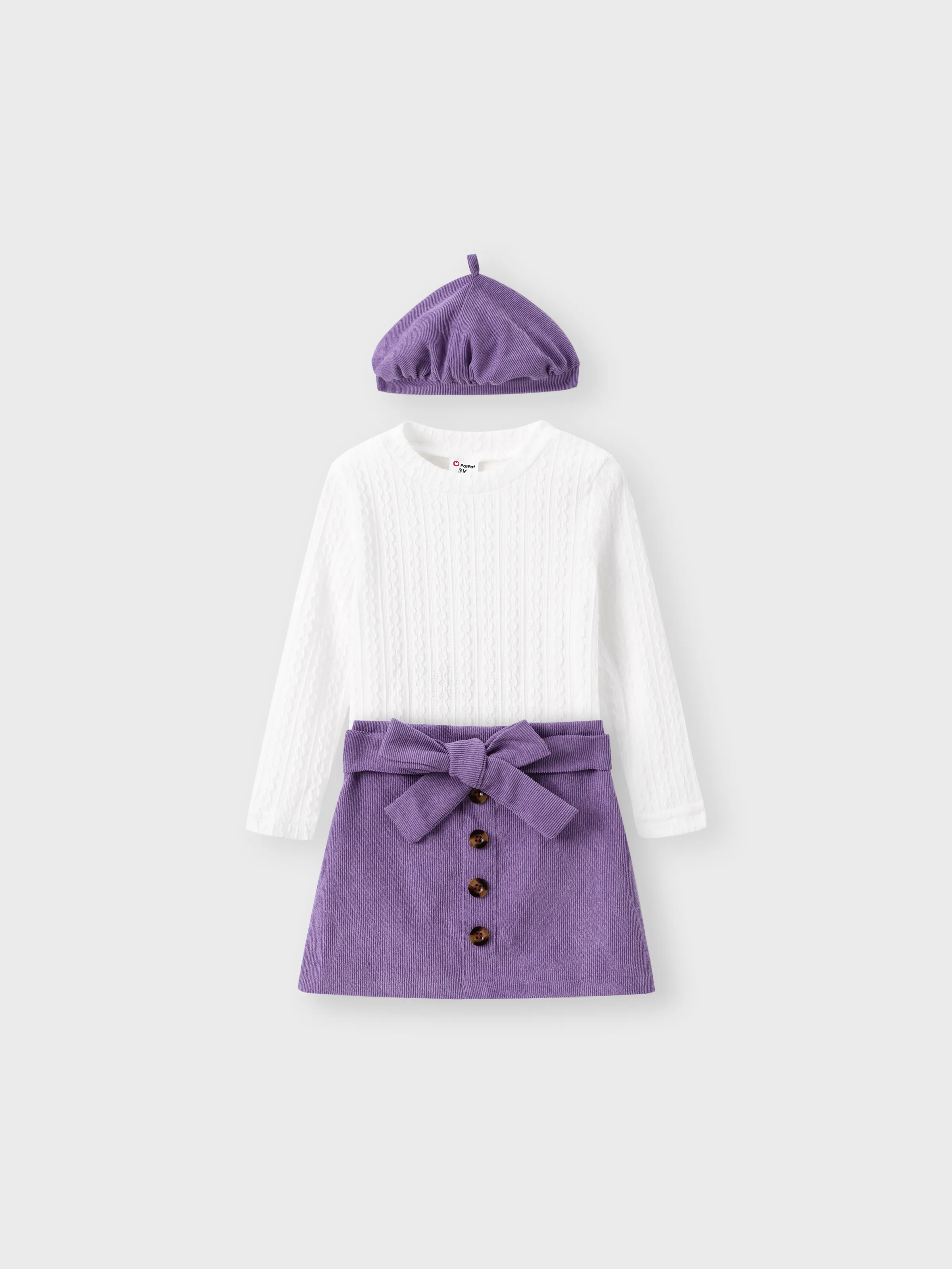 3pcs Toddler Girl Cable Knit Top & Belted Skirt & Hat Set 