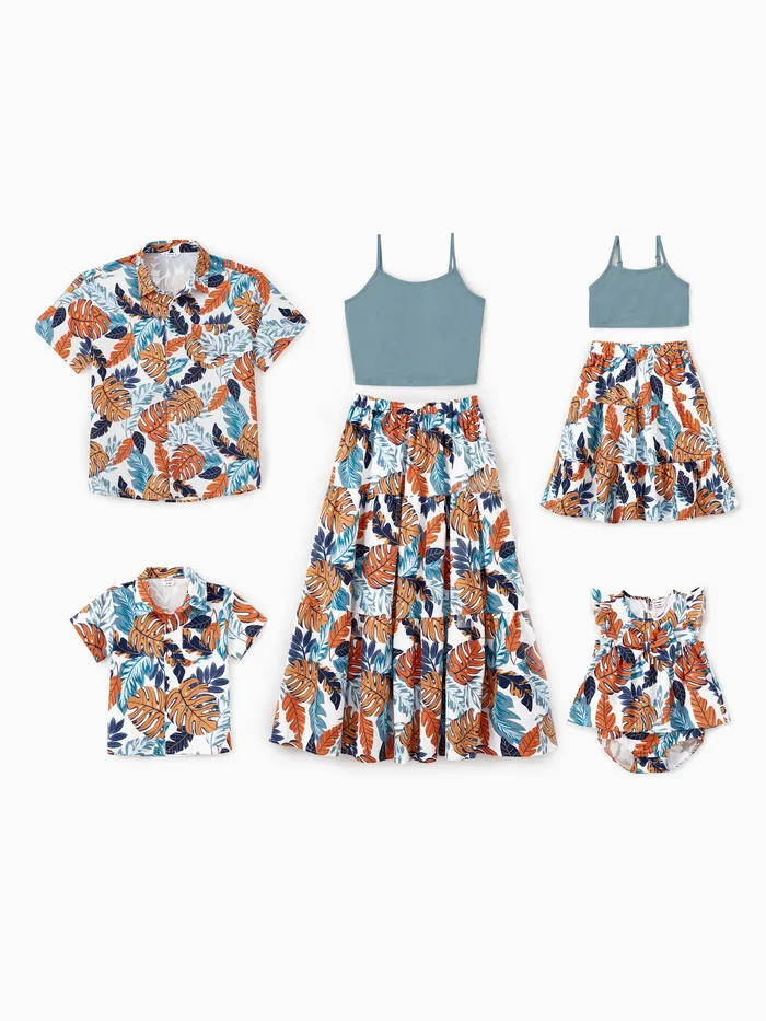 Conjuntos Familiares Combinando Camisas de Praia Florais ou Cami Top Cintura Elástica Conjuntos de Saia Co-ord