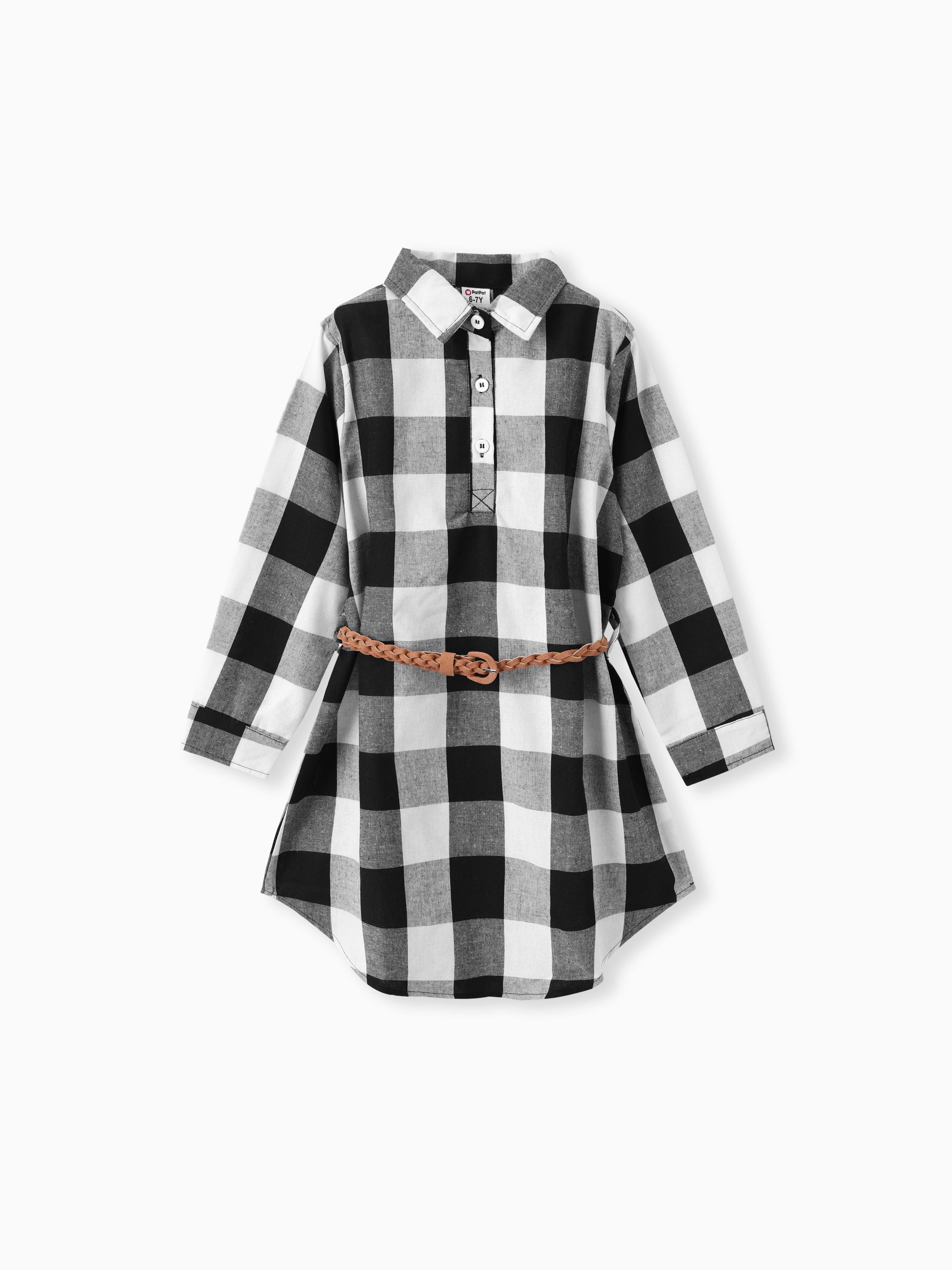 

Kid Girl Plaid Belted Long-sleeve Button Half Placket Dress