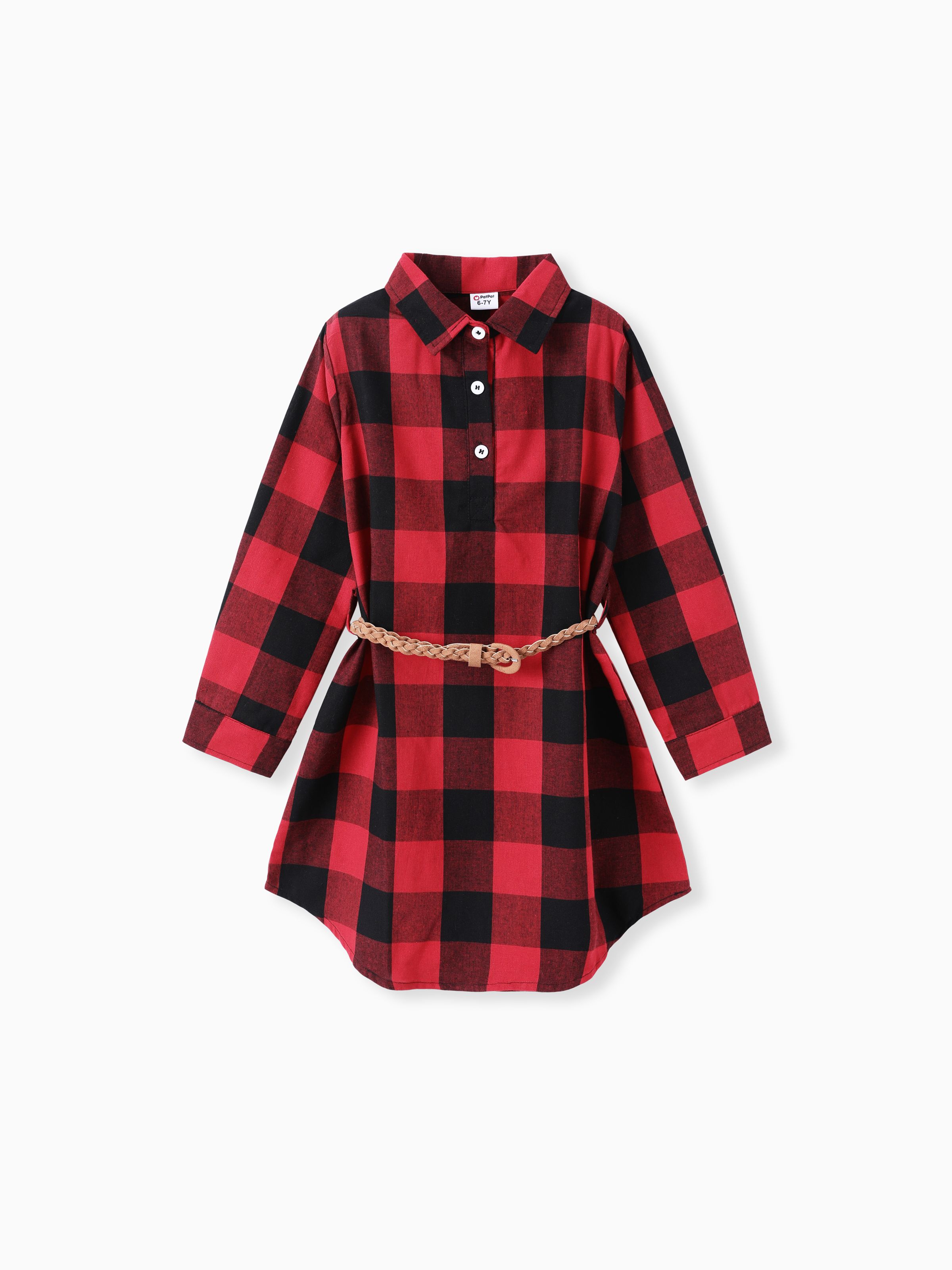 

Kid Girl Plaid Belted Long-sleeve Button Half Placket Dress