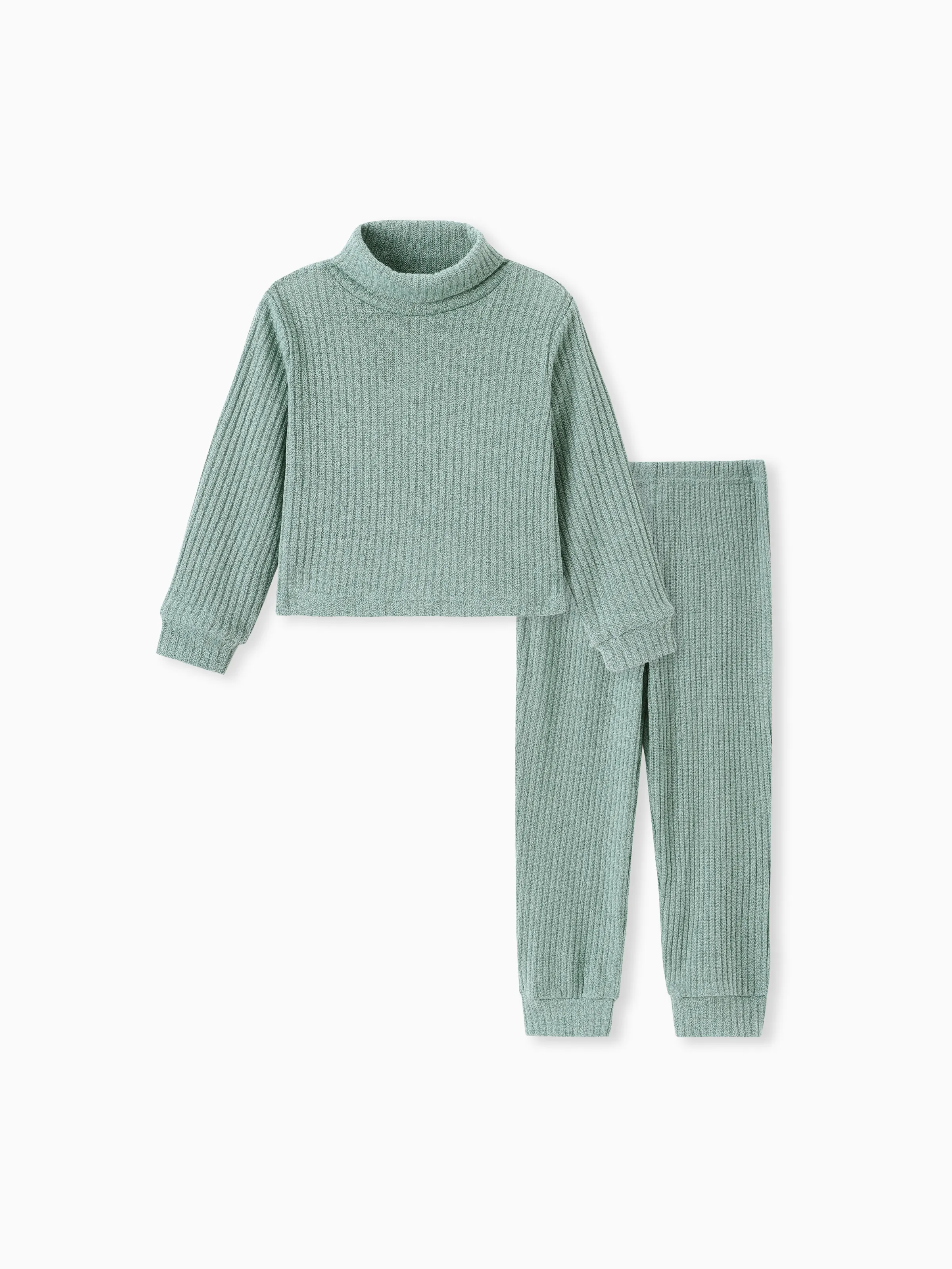 2pcs Toddler Girl Solid Color Ribbed Turtleneck Long-sleeve Tee and Elasticized Pants Set