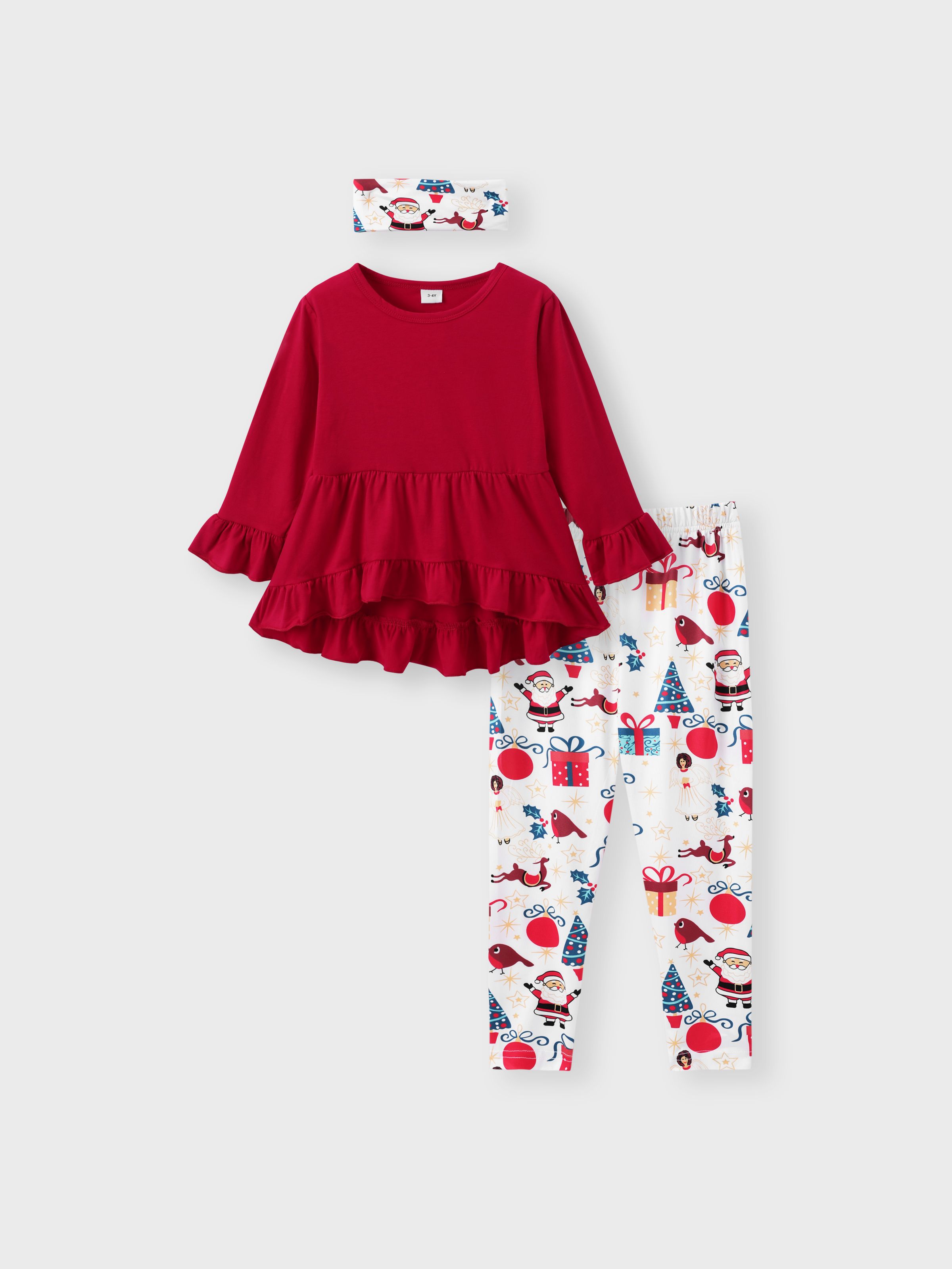 

3-piece Toddler Girl Ruffle Hem Long Bell sleeves Red Top, Santa Christmas Tree Print Pants and Scarf Set