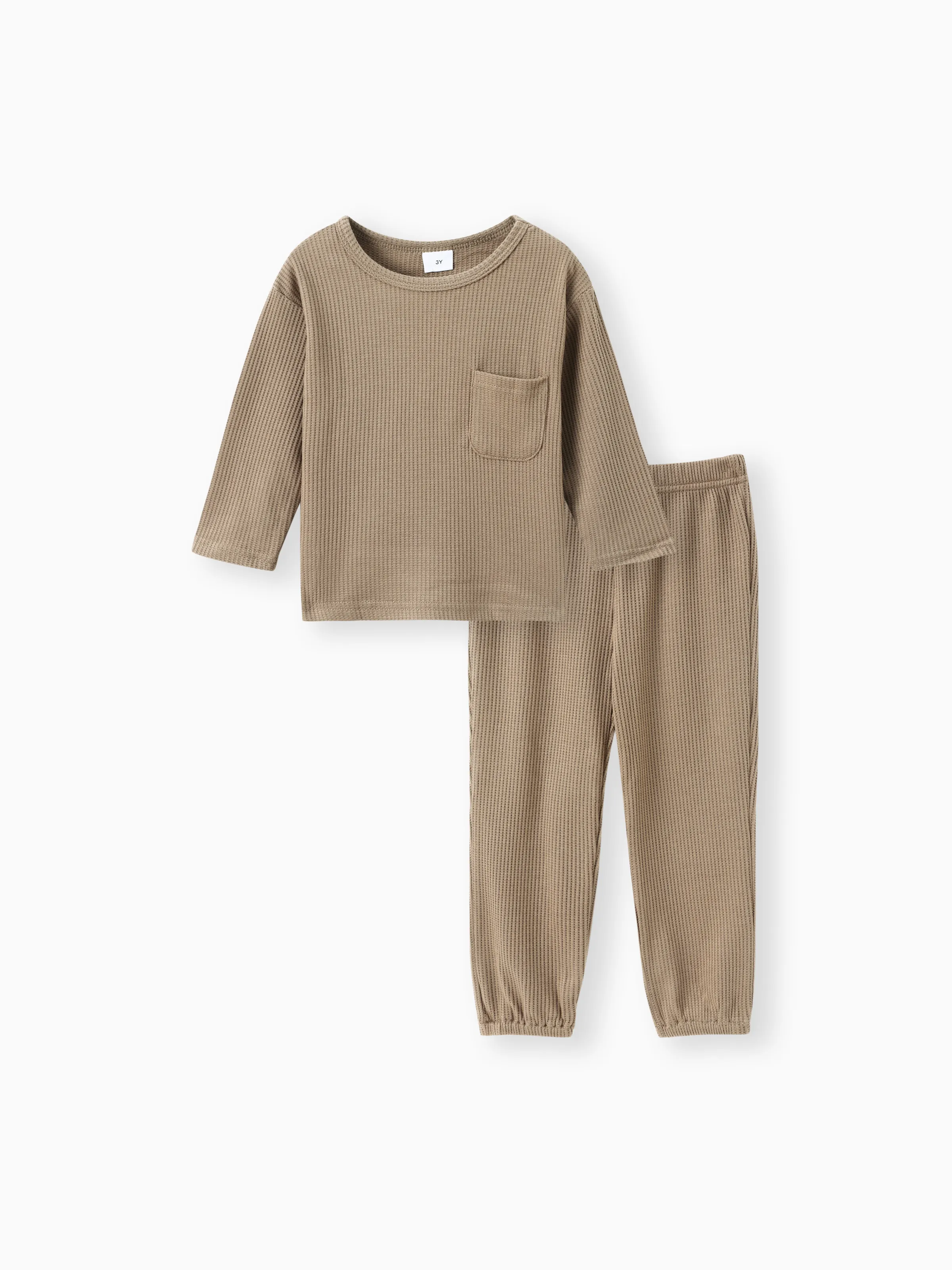 

2-piece Toddler Boy/Girl Round-collar Long-sleeve Ribbed Solid Top with Pocket and Elasticized Pants Casual Set