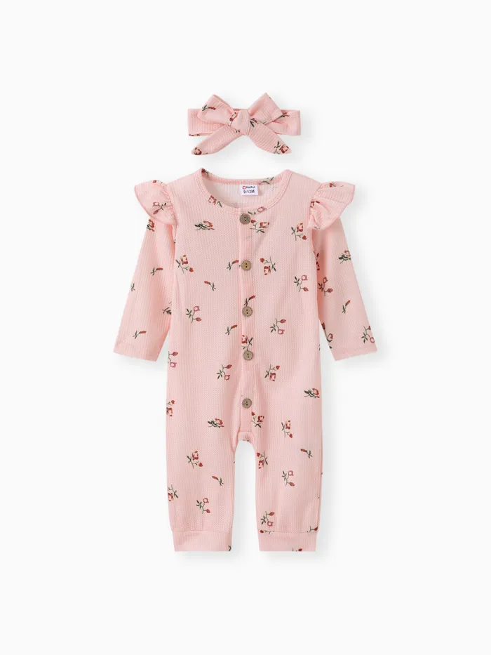 Conjunto para bebê menina (2 peças) com faixa de cabeça e macacão de manga longa com estampa flora, babados, botões e em 95% algodão