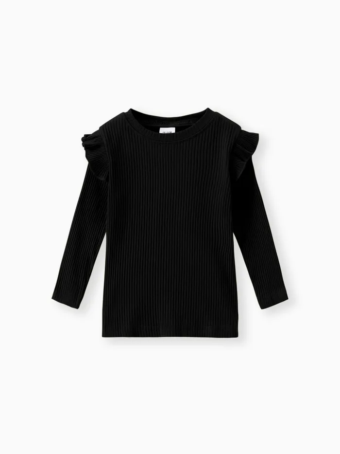 Toddler Girl Ruffled Casual Solid Ribbed Long-sleeve Top