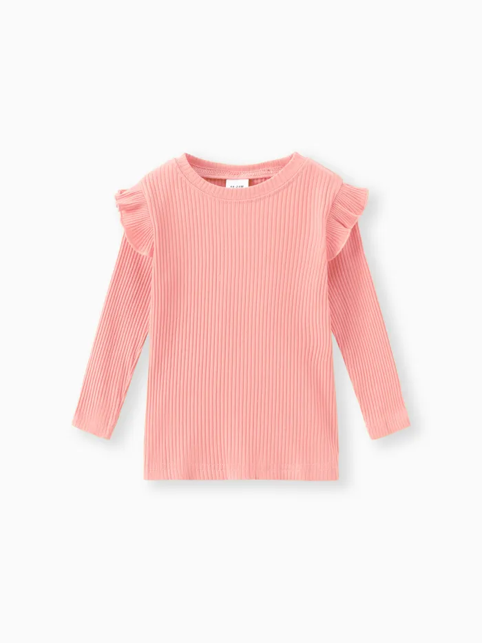 Toddler Girl Ruffled Casual Solid Ribbed Long-sleeve Top