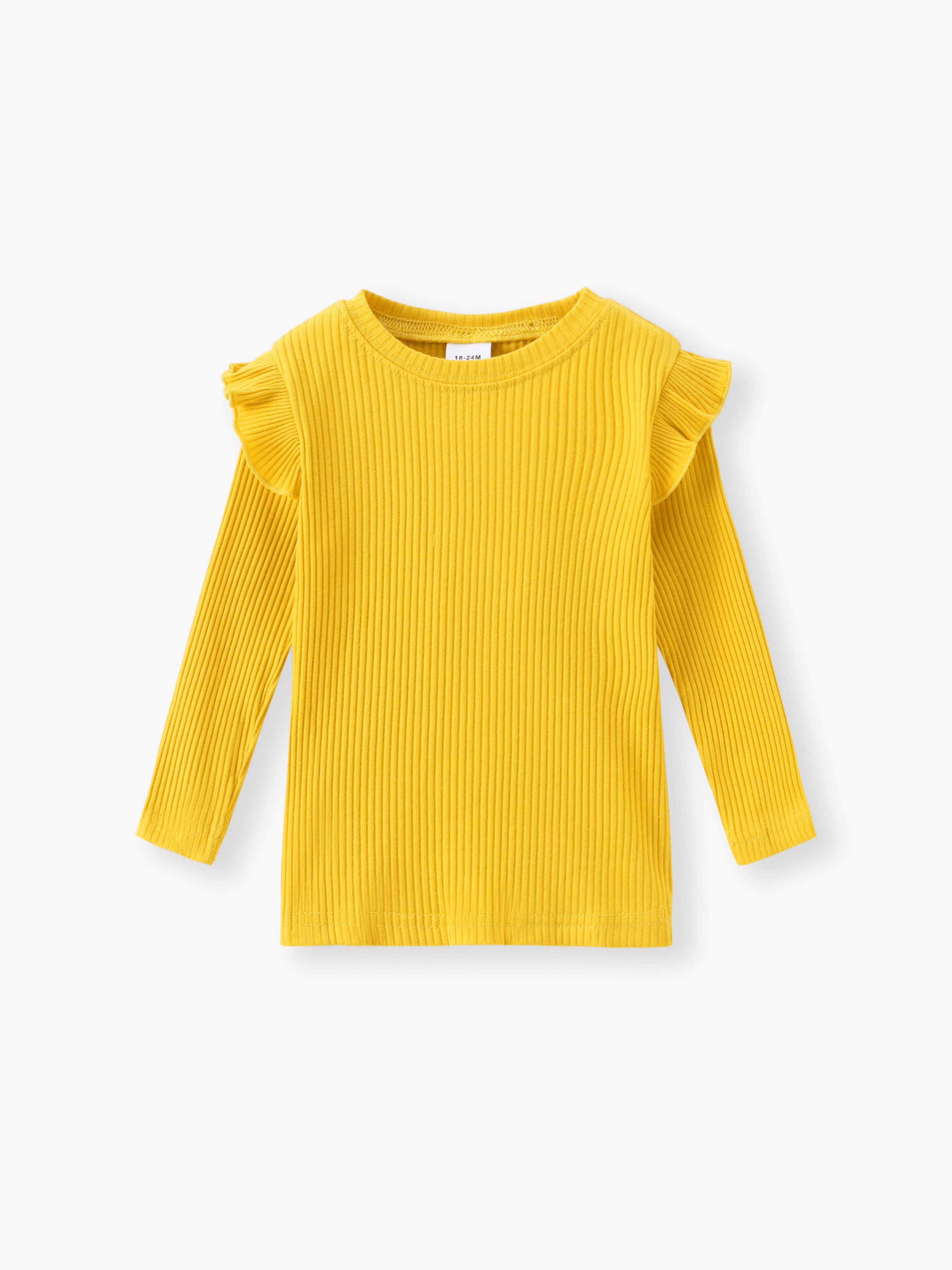 

Toddler Girl Ruffled Casual Solid Ribbed Long-sleeve Top