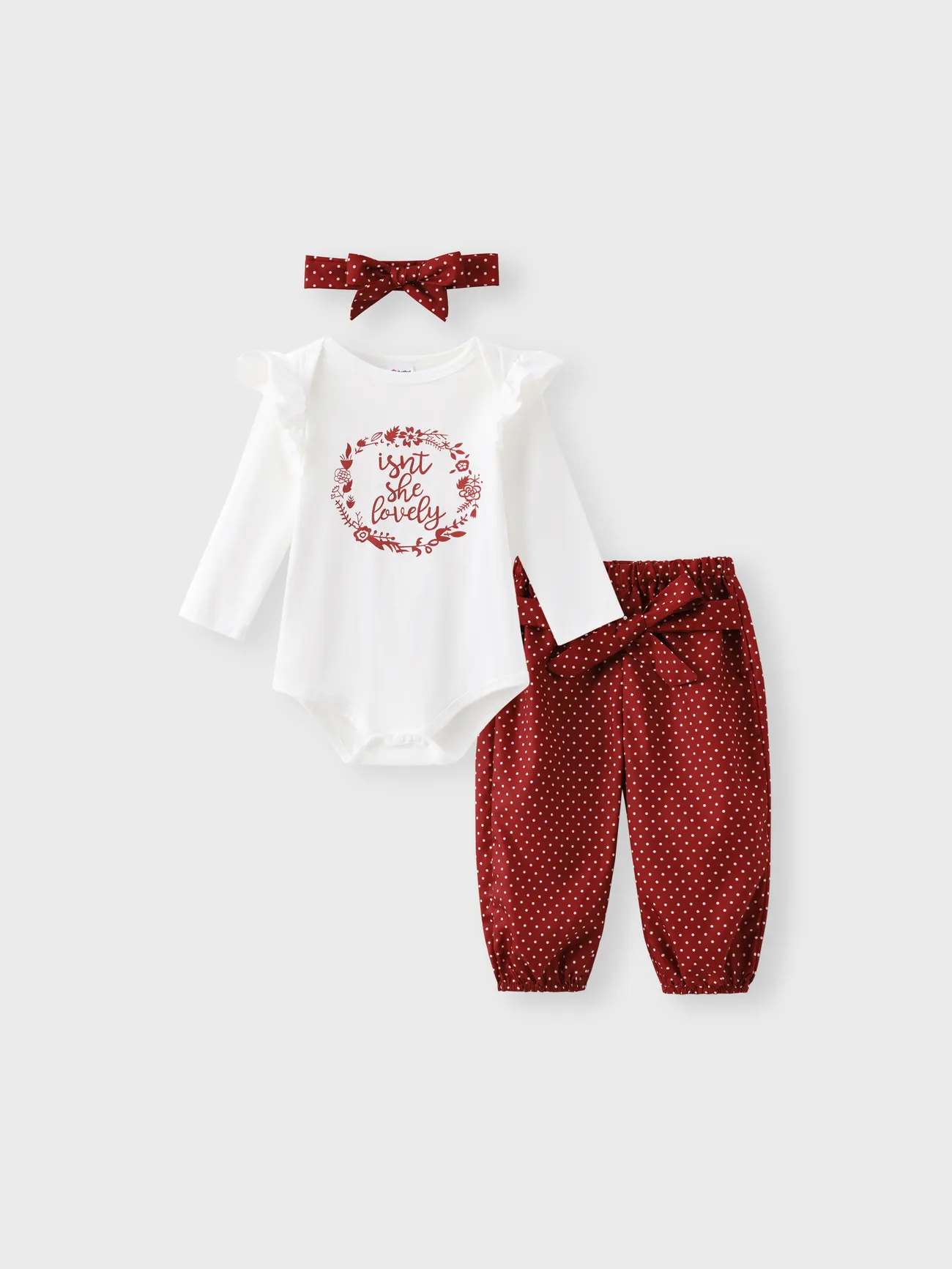 

3pcs Baby Girl 95% Cotton Ruffle Long-sleeve Letter Ptint Romper and Polka Dots Pants with Headband Set