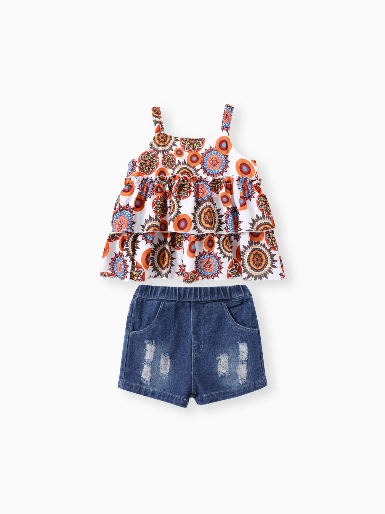 Multi-color - 2pcs Toddler Girl Boho Ripped Denim Shorts and Exotic Graphic Camisole Set - image 2