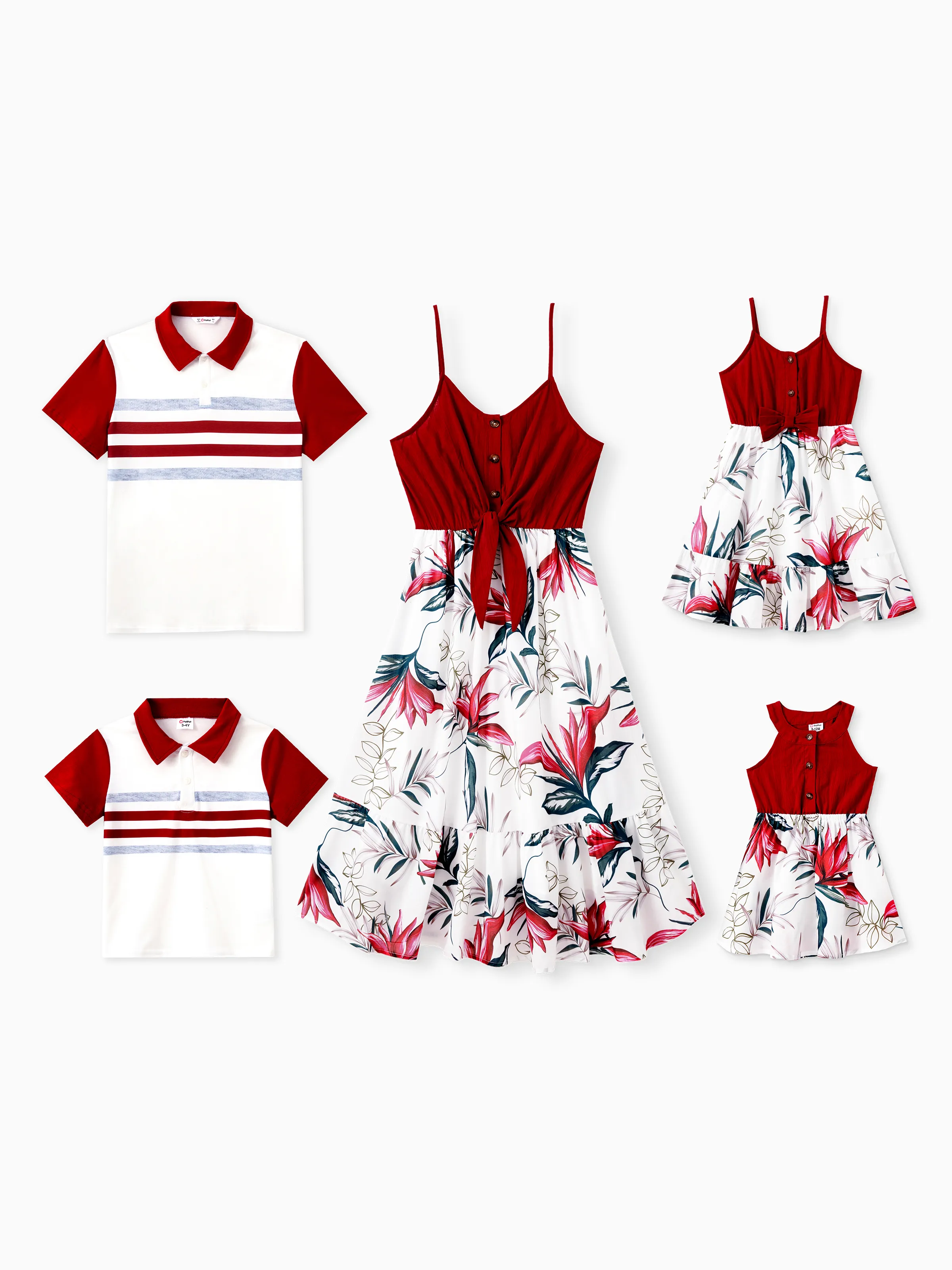 Family Matching Sets Stripe Polo Shirt or Cami Top Spliced Floral Ruffle Hem Dress 