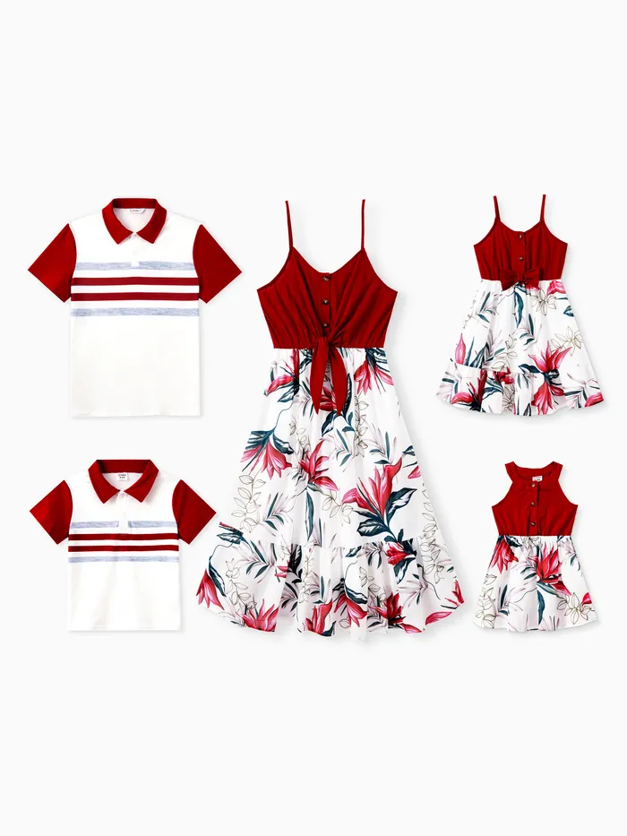 Family Matching Sets Stripe Polo Shirt or Cami Top Spliced Floral Ruffle Hem Dress 