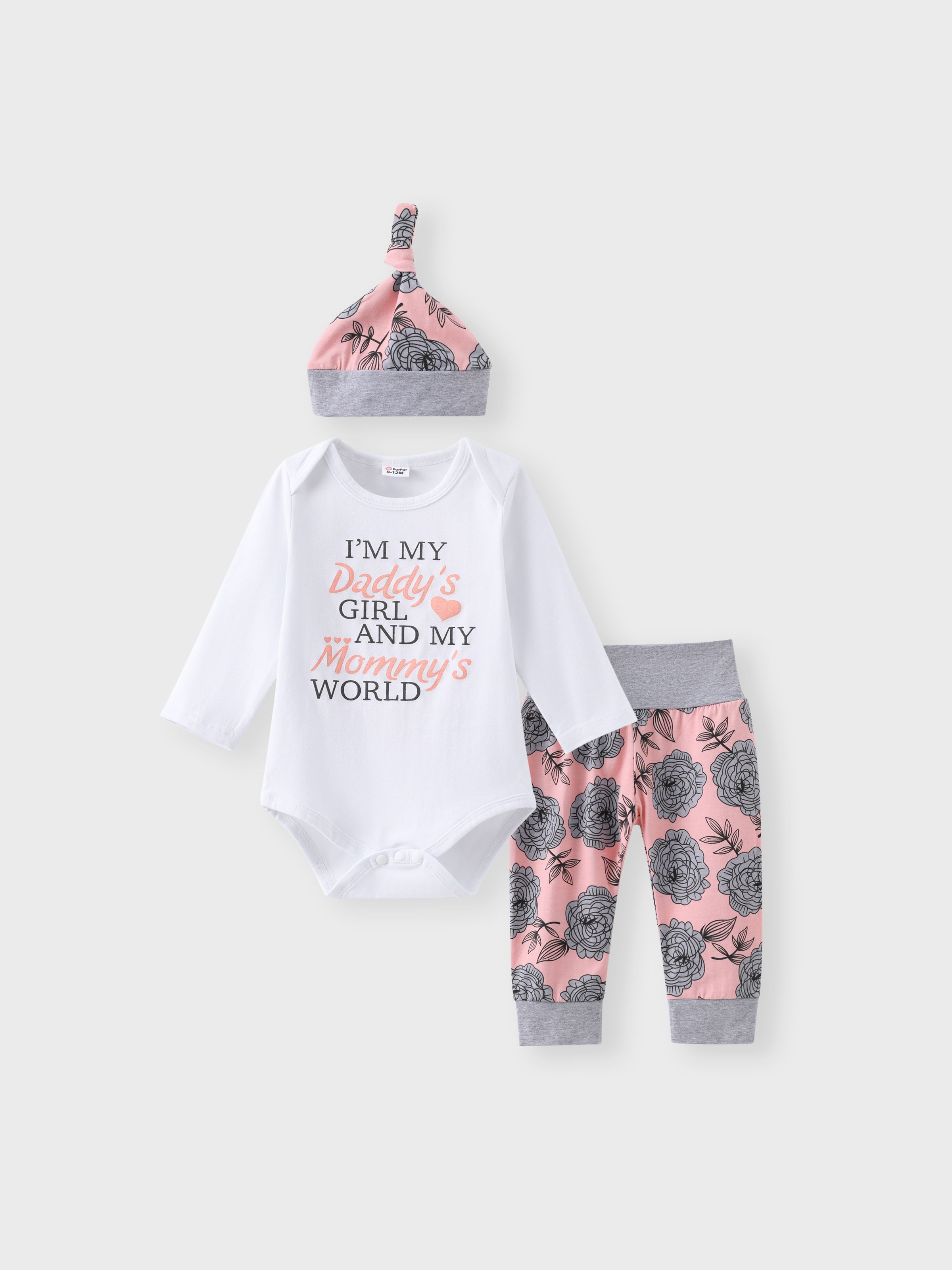 

3pcs Baby Girl 95% Cotton Long-sleeve Letter and Floral Print Set