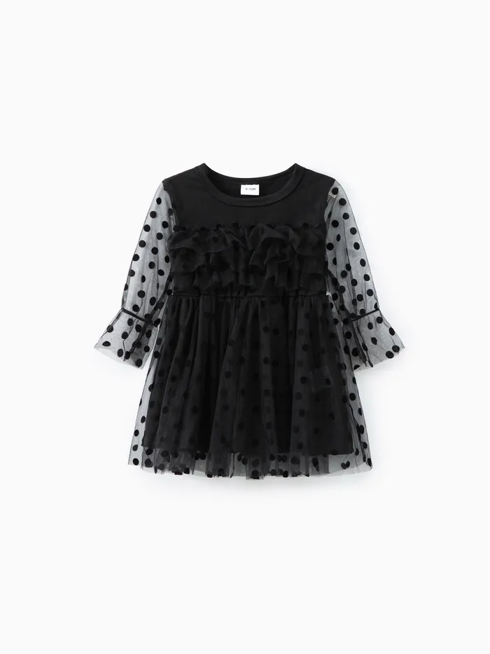 Baby Black Polka Dots Layered Ruffle Mesh Long-sleeve Tutu Dress