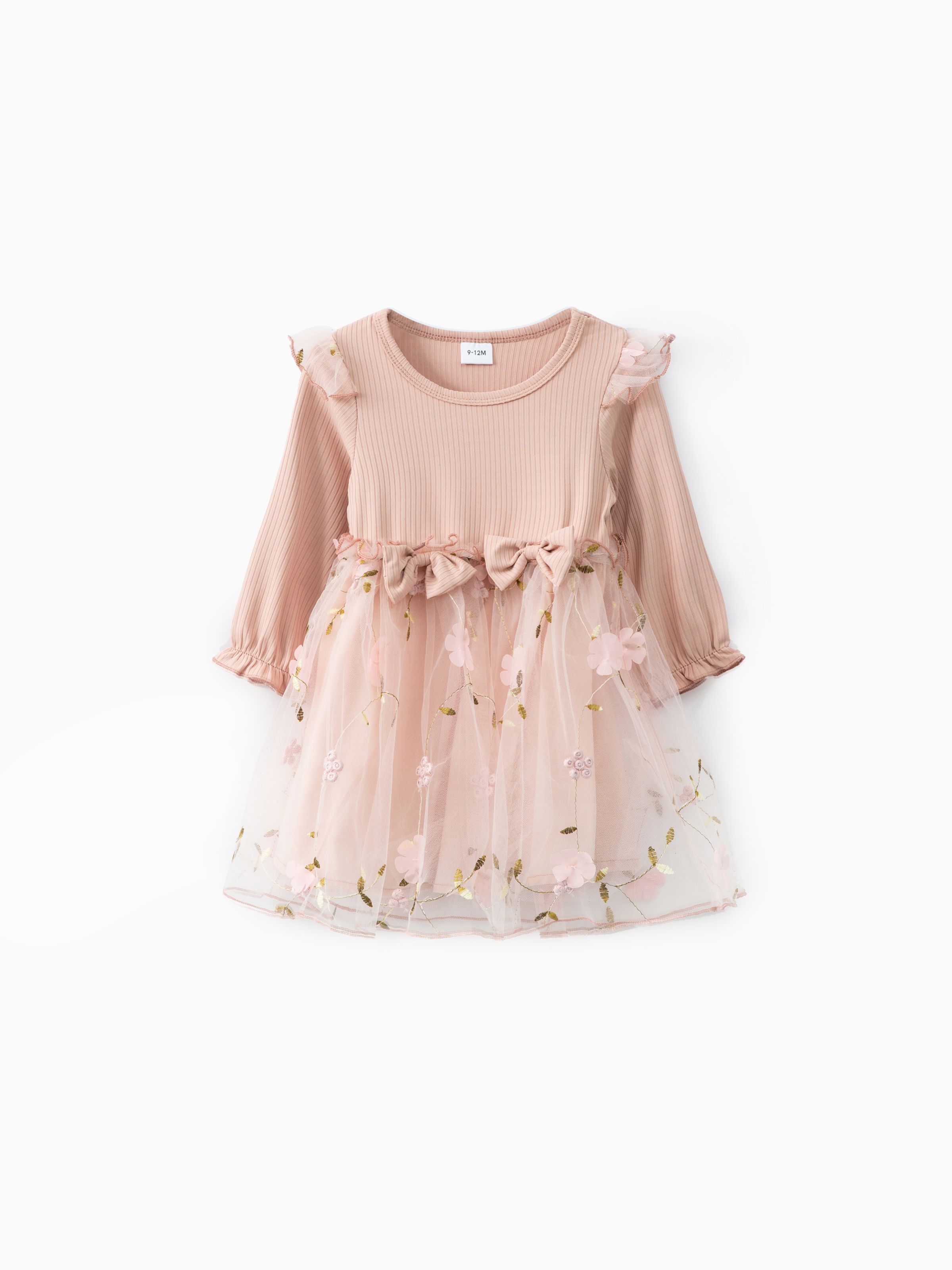 

Baby Girl Pink Ribbed Long-sleeve Bowknot Floral Embroidered Mesh Dress