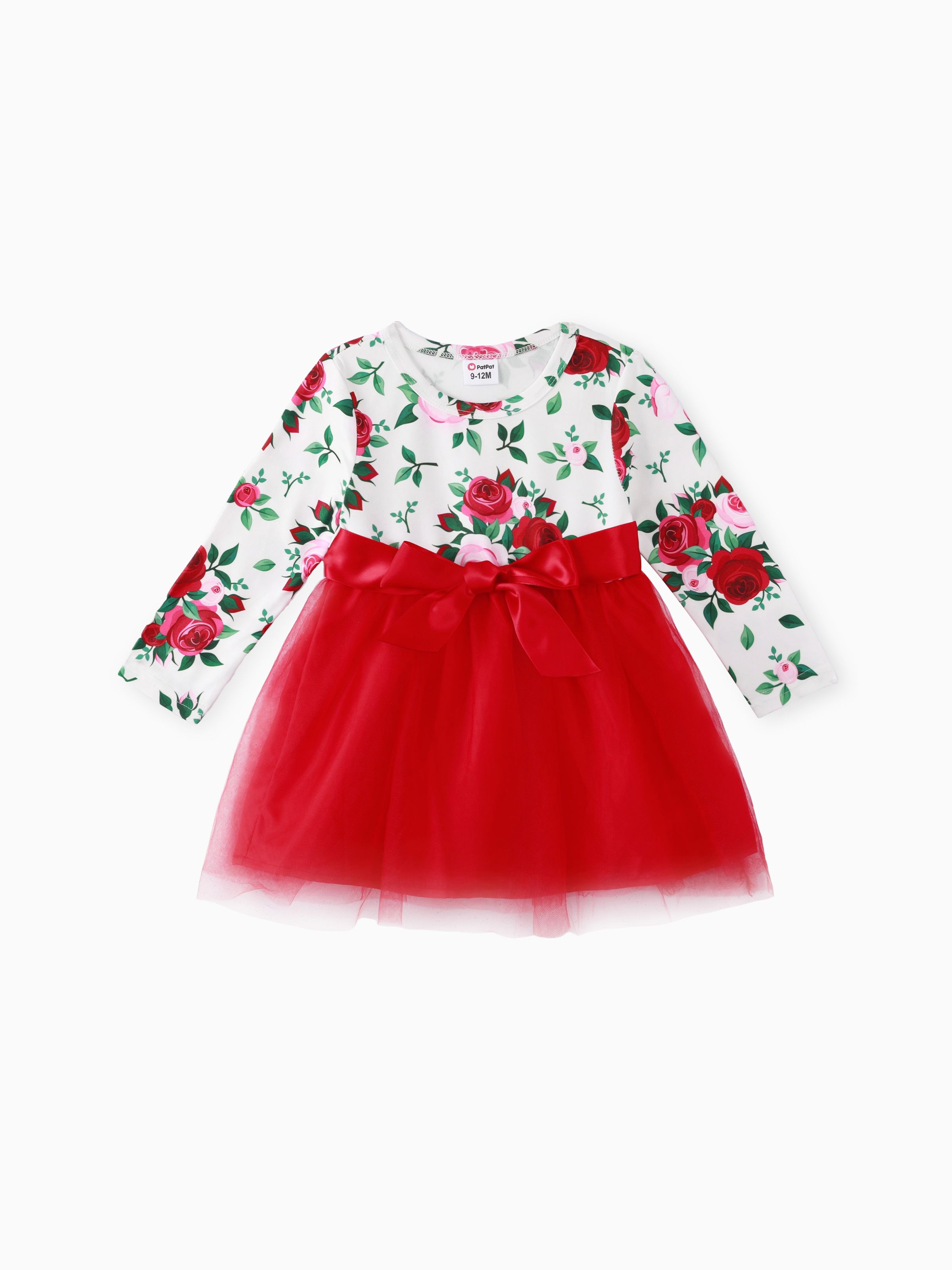 

Baby Girl Allover Rose Floral Print Long-sleeve Spliced Bow Front Mesh Dress