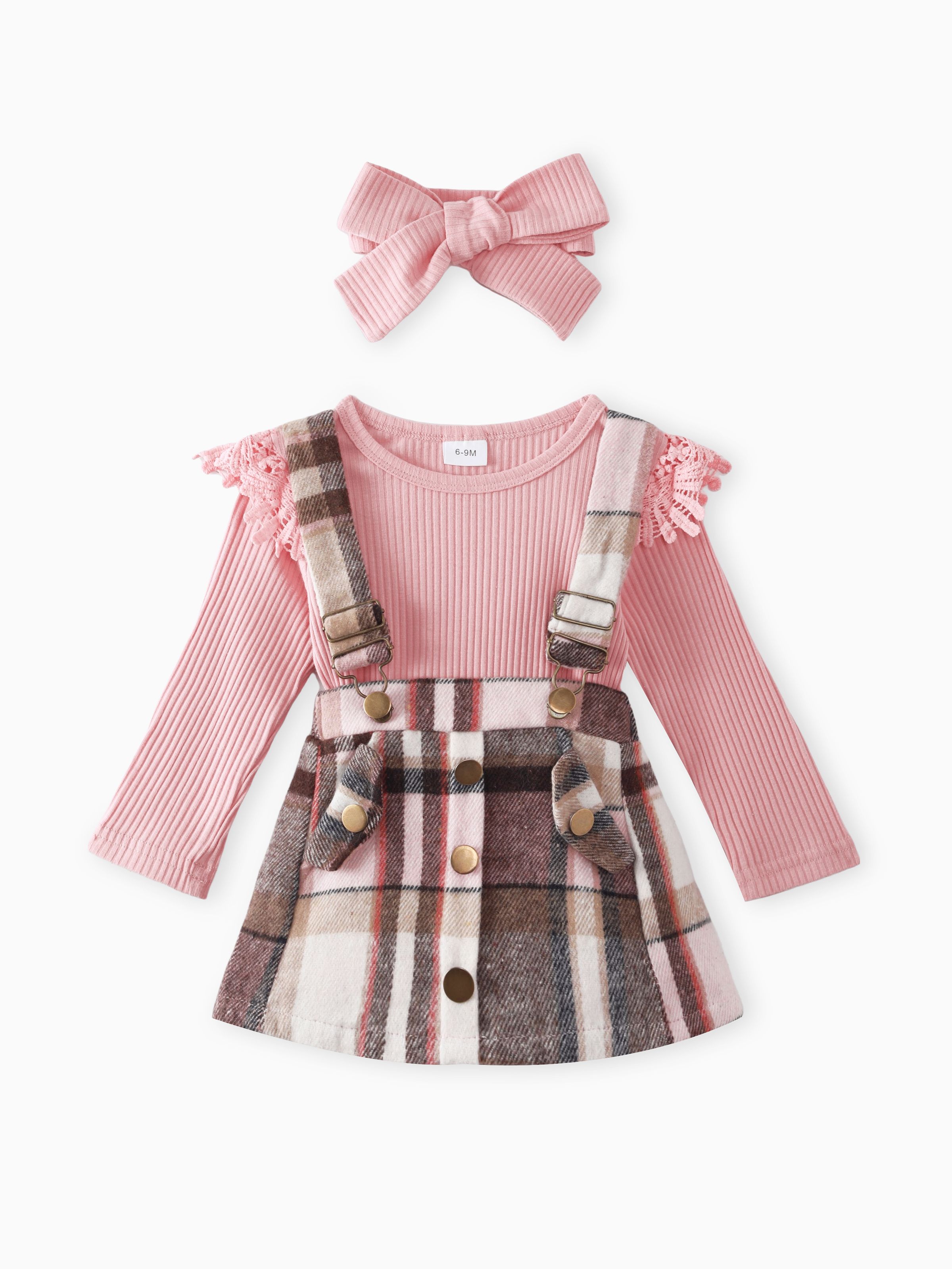 

3pcs Baby Girl 95% Cotton Rib Knit Spliced Lace Long-sleeve Romper and Plaid Suspender Skirt with Headband Set