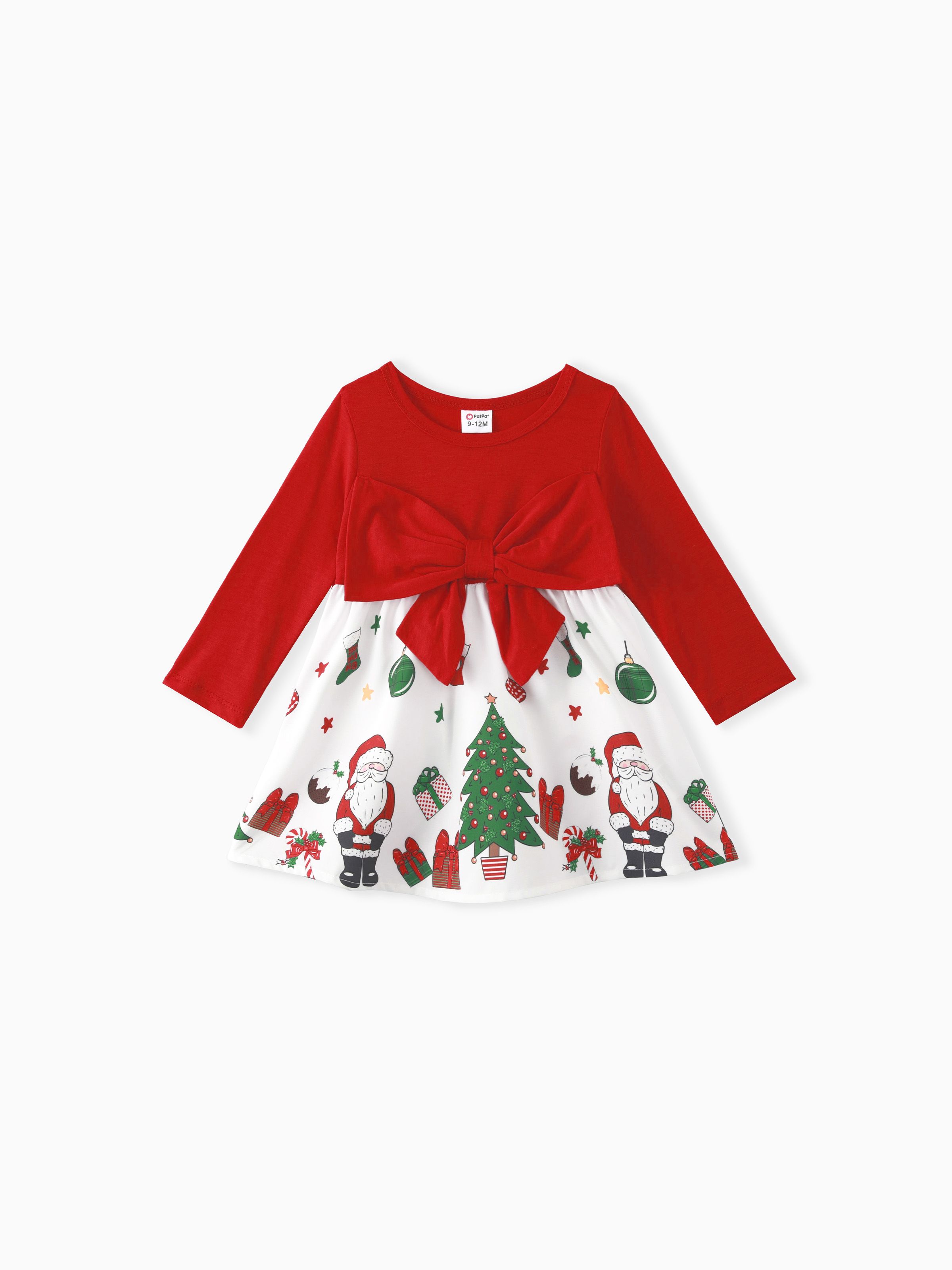 

Christmas Baby Girl Bow Front Solid Long-sleeve Spliced Print Dress