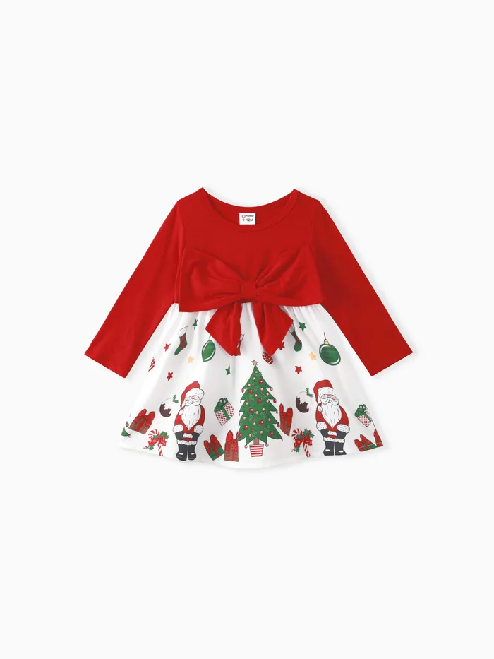 Christmas Baby Girl Bow Front Solid Long-sleeve Spliced Print Dress