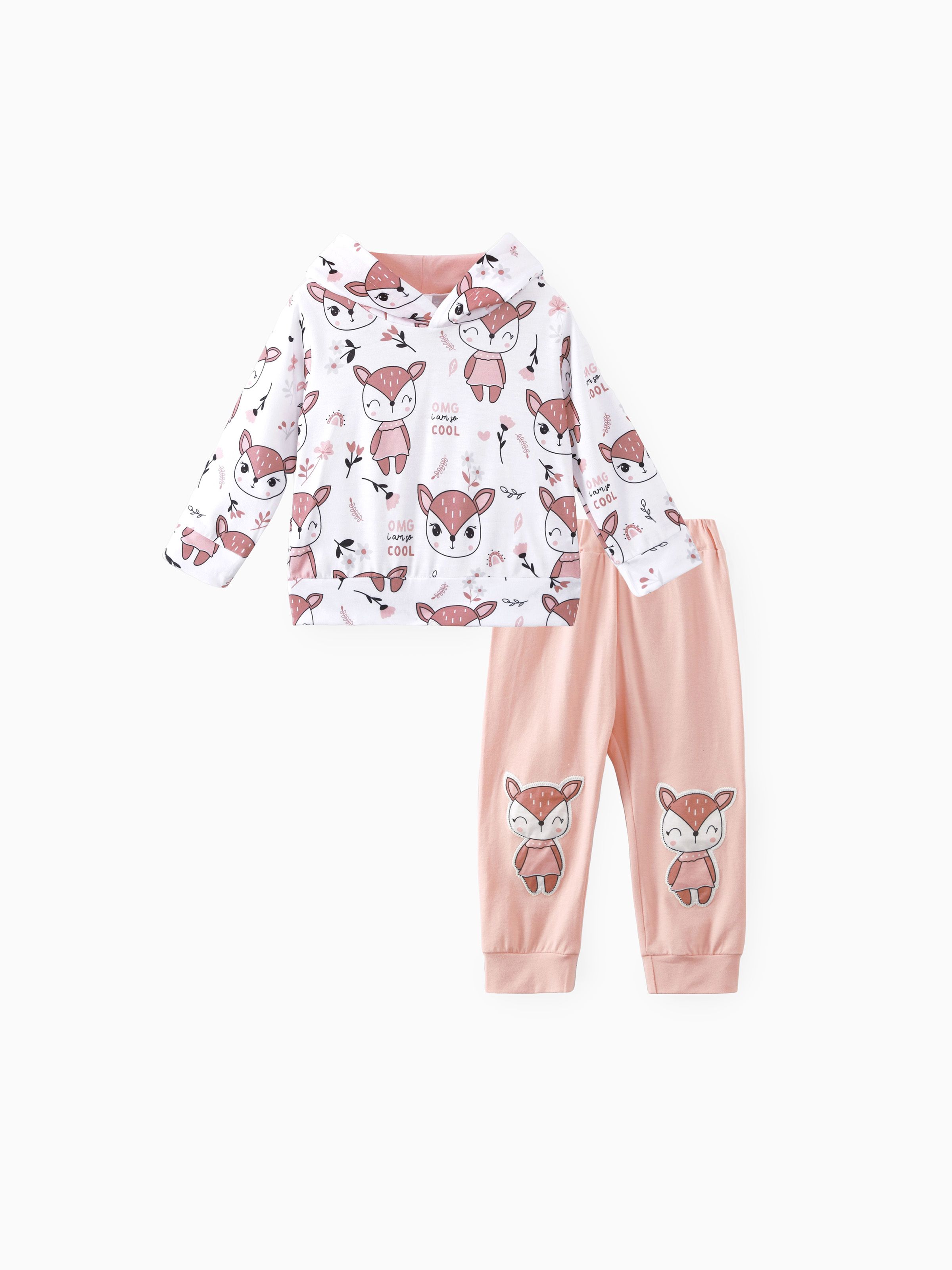 

2pcs Baby Girl 95% Cotton Animal Print Sweatpants and Long-sleeve Hoodie Set