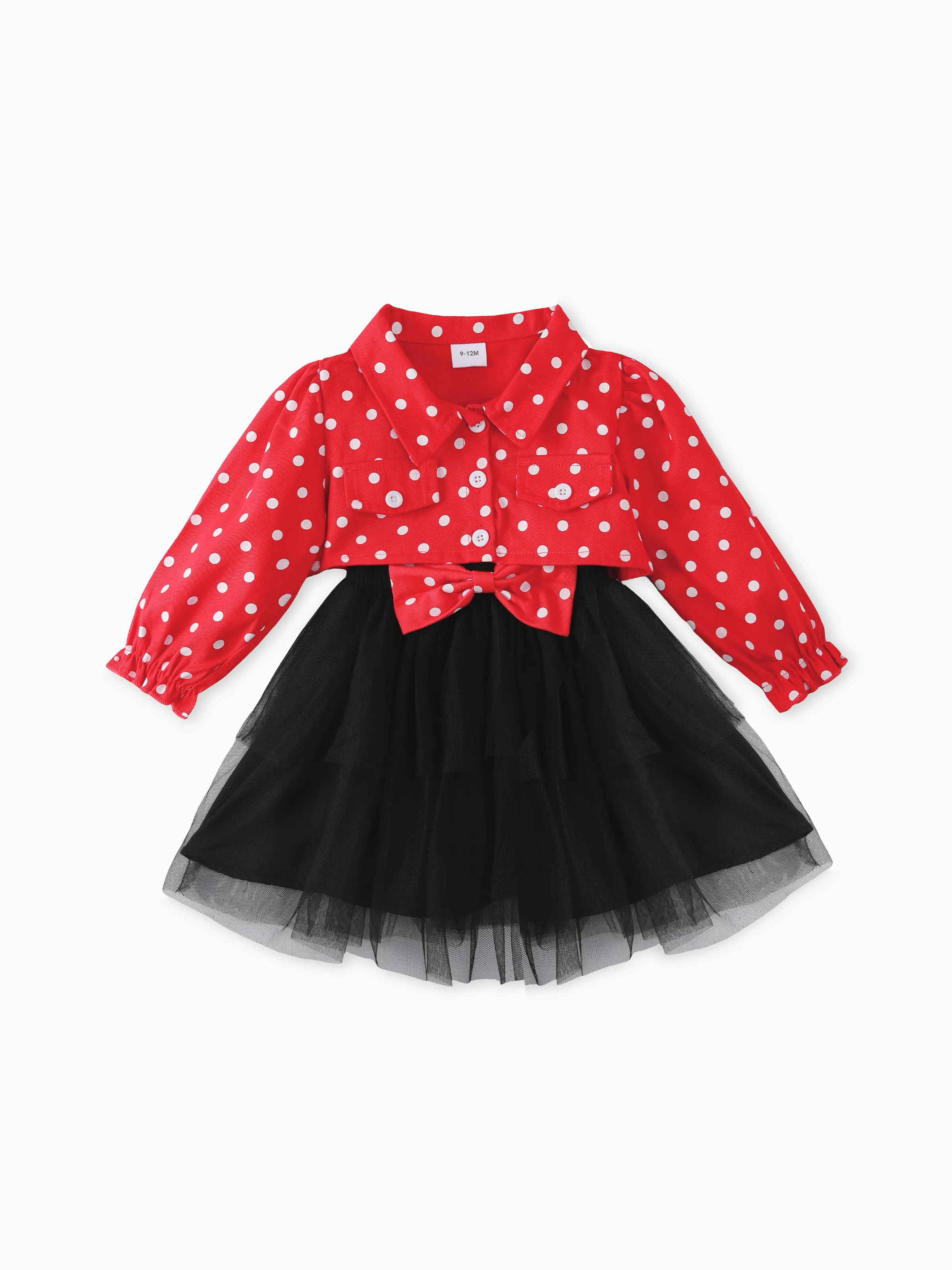 

3pcs Baby Girl 100% Cotton Long-sleeve Polka Dots Crop Jacket and Rib Knit Spliced Mesh Cami Fairy Dress with Headband Set