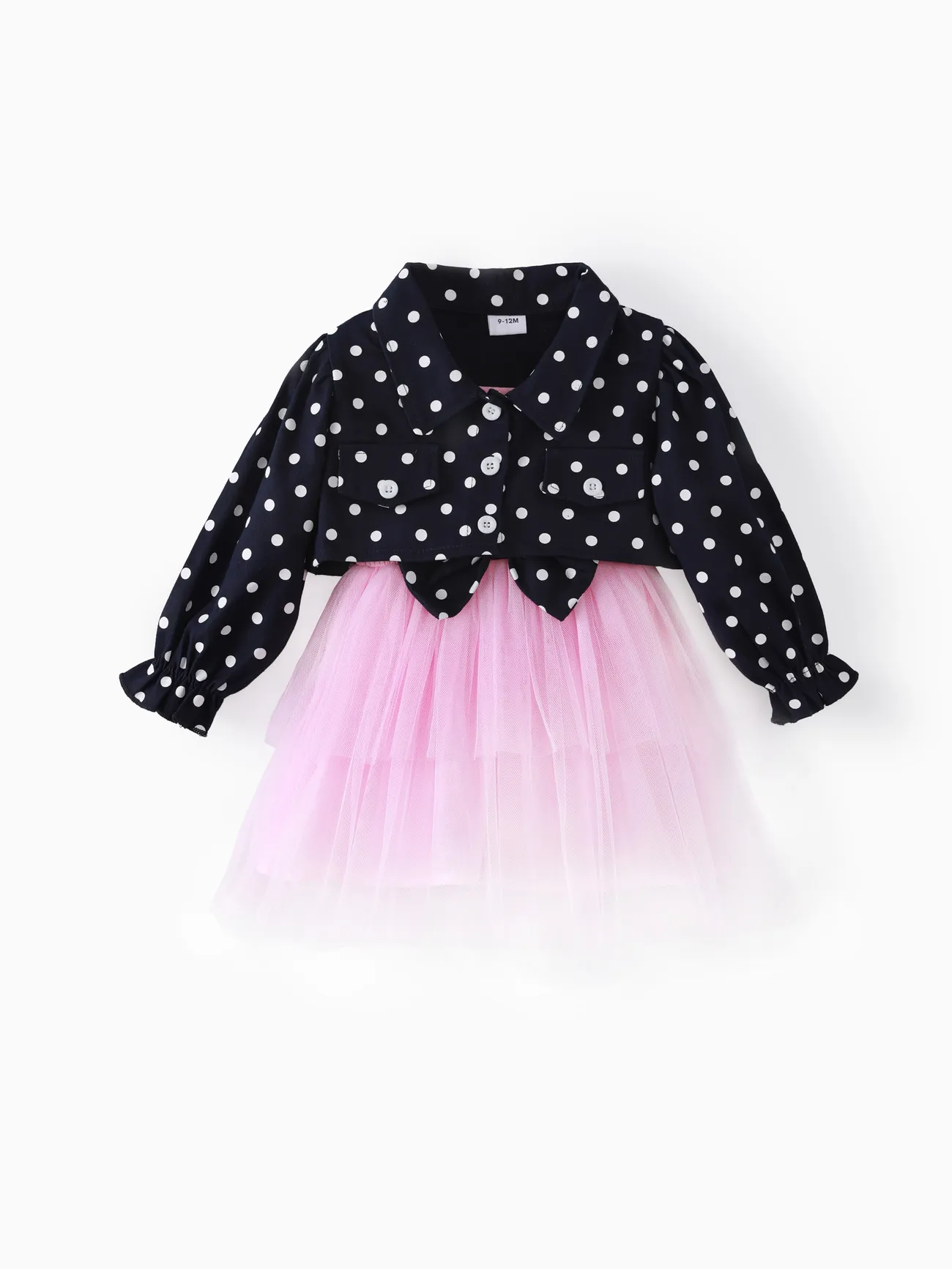 

3pcs Baby Girl 100% Cotton Long-sleeve Polka Dots Crop Jacket and Rib Knit Spliced Mesh Cami Fairy Dress with Headband Set