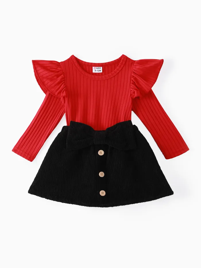 2pcs Baby Girl Rib Knit Ruffled Long-sleeve Top and Button Front Corduroy Skirt Set