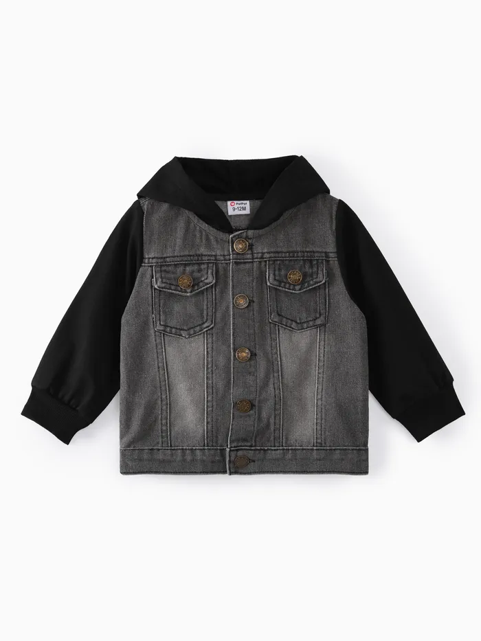 Baby Boy Button Design Denim Splicing Hooded Long-sleeve Jacket