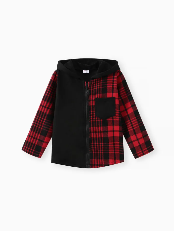 Kid Boy Plaid Colorblock Zipper Hooded Jacket