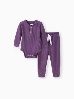 

2pcs Solid Waffle Long-sleeve Baby Set