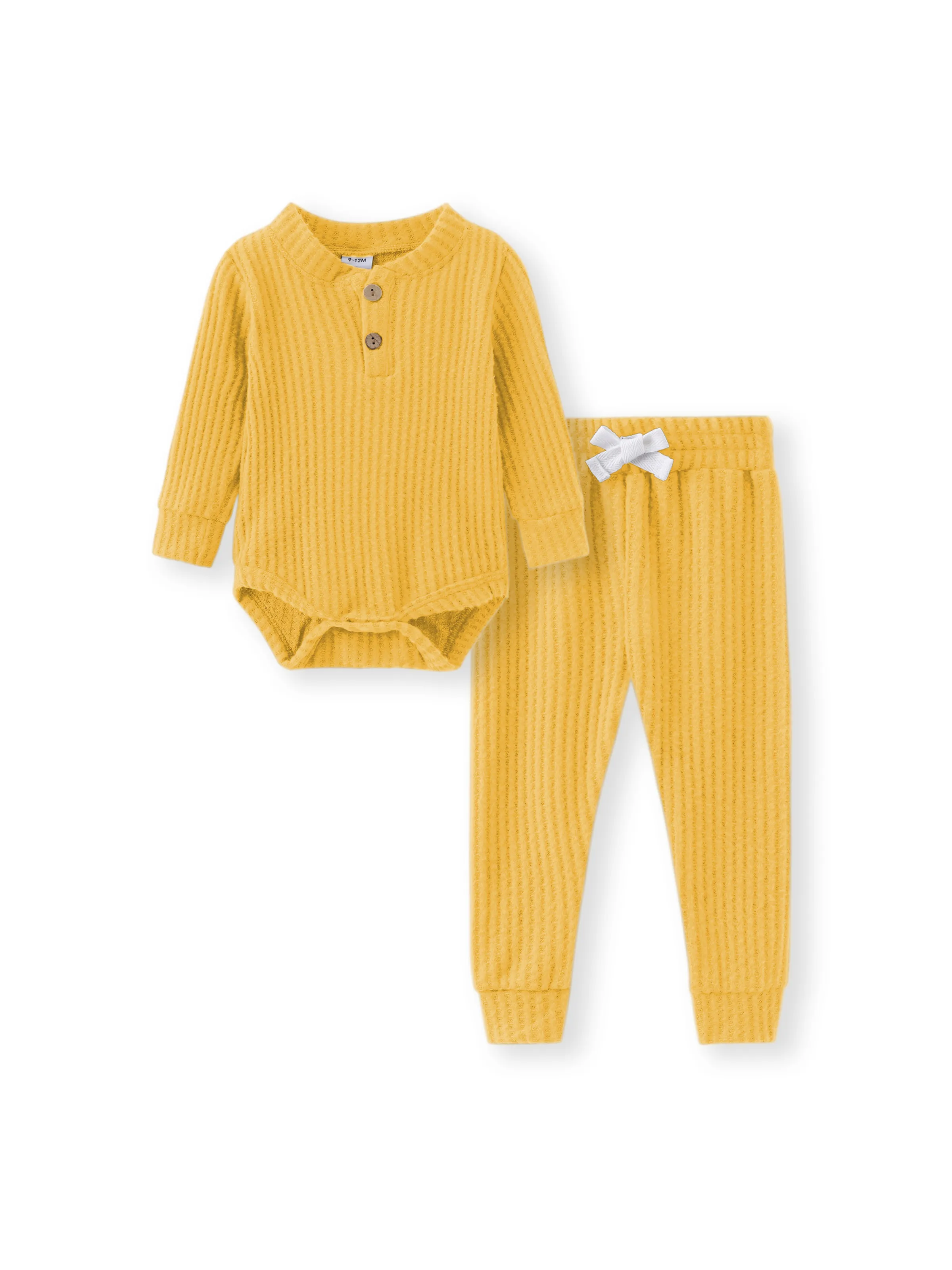 2pcs Solid Waffle Long-sleeve Baby Set