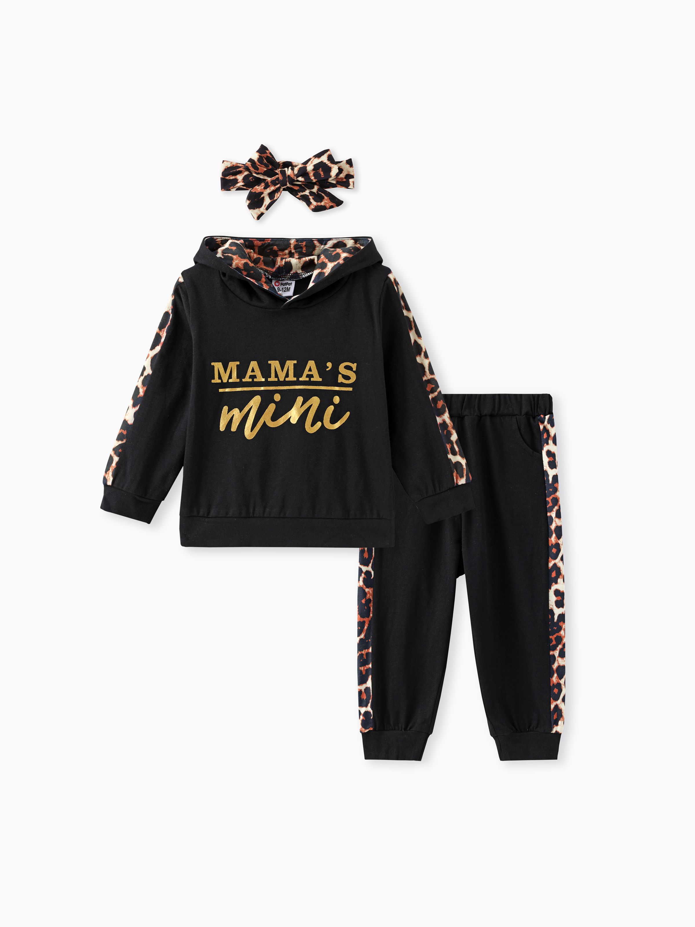 

100% Cotton 3pcs Leopard and Letter Print Hooded Long-sleeve Baby Set