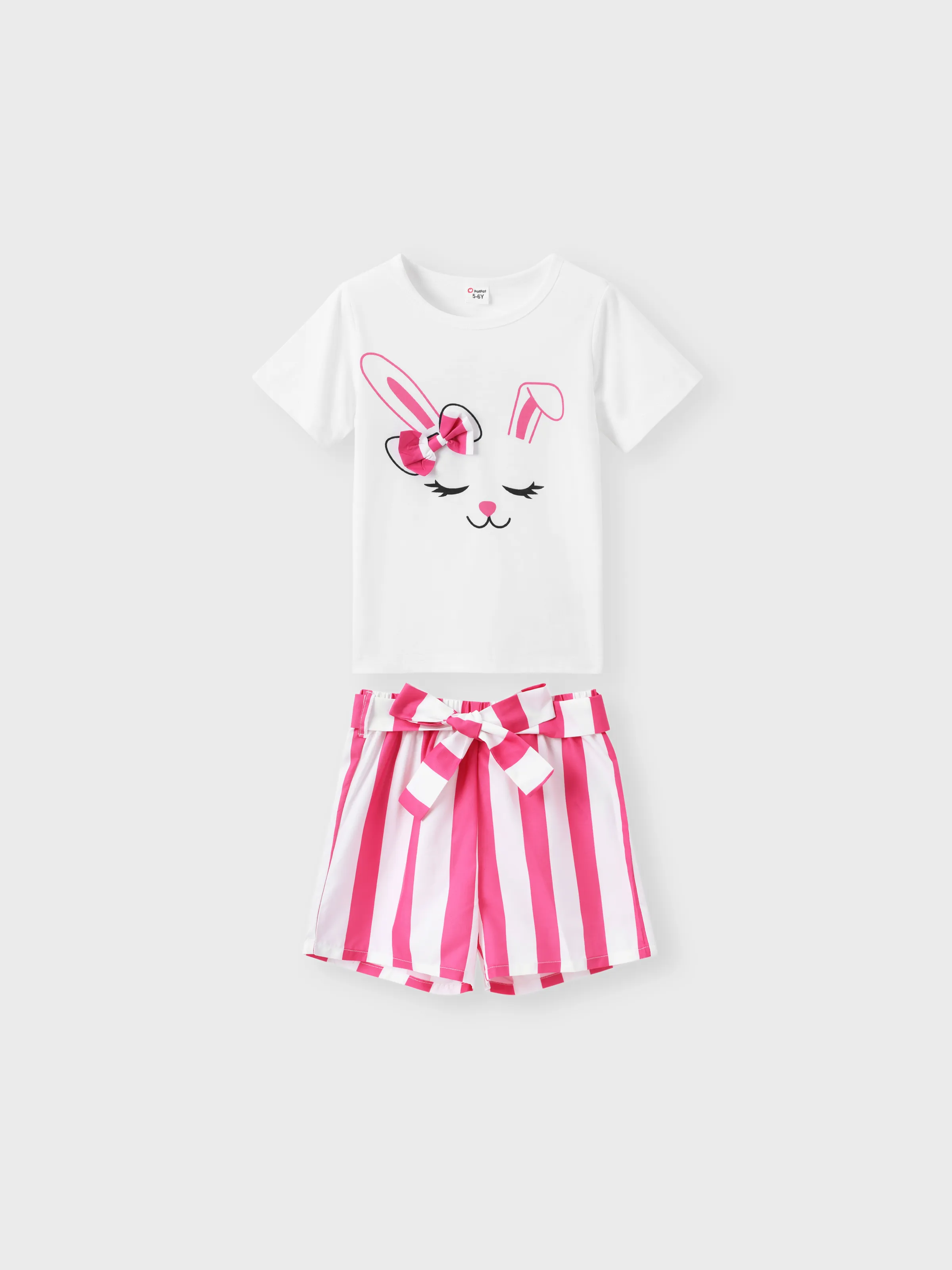 

Easter 2pcs Kid Girl 3D Bowknot Design Rabbit Print Tee and Stripe Belted Shorts Set