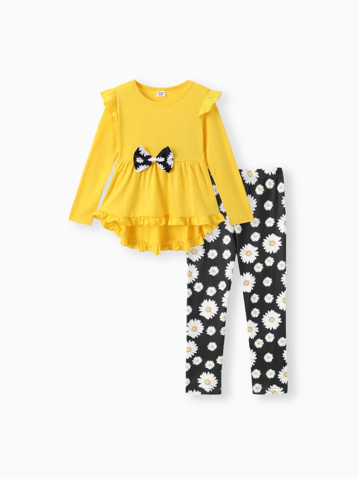 2pcs Kid Girl Ruffled Bowknot Design High Low Long-sleeve Tee and Floral Print Leggings Set