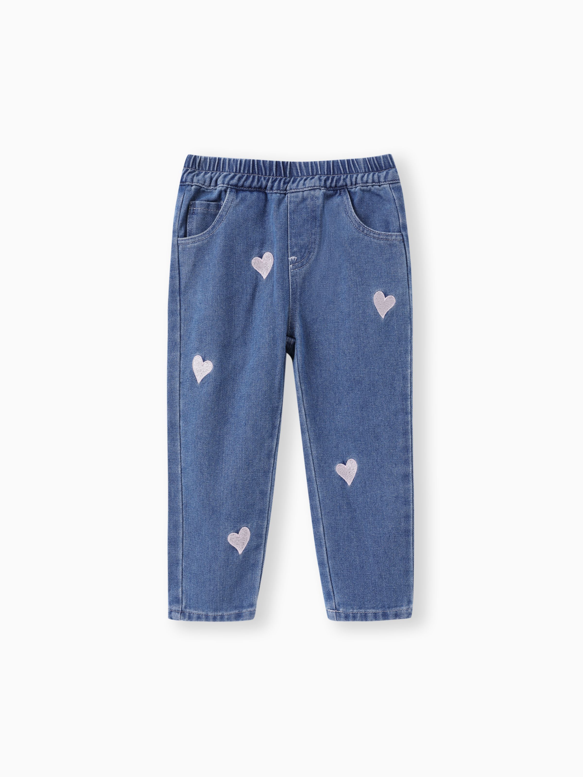 

Toddler Girl Heart Embroidered Elasticized Blue Denim Jeans