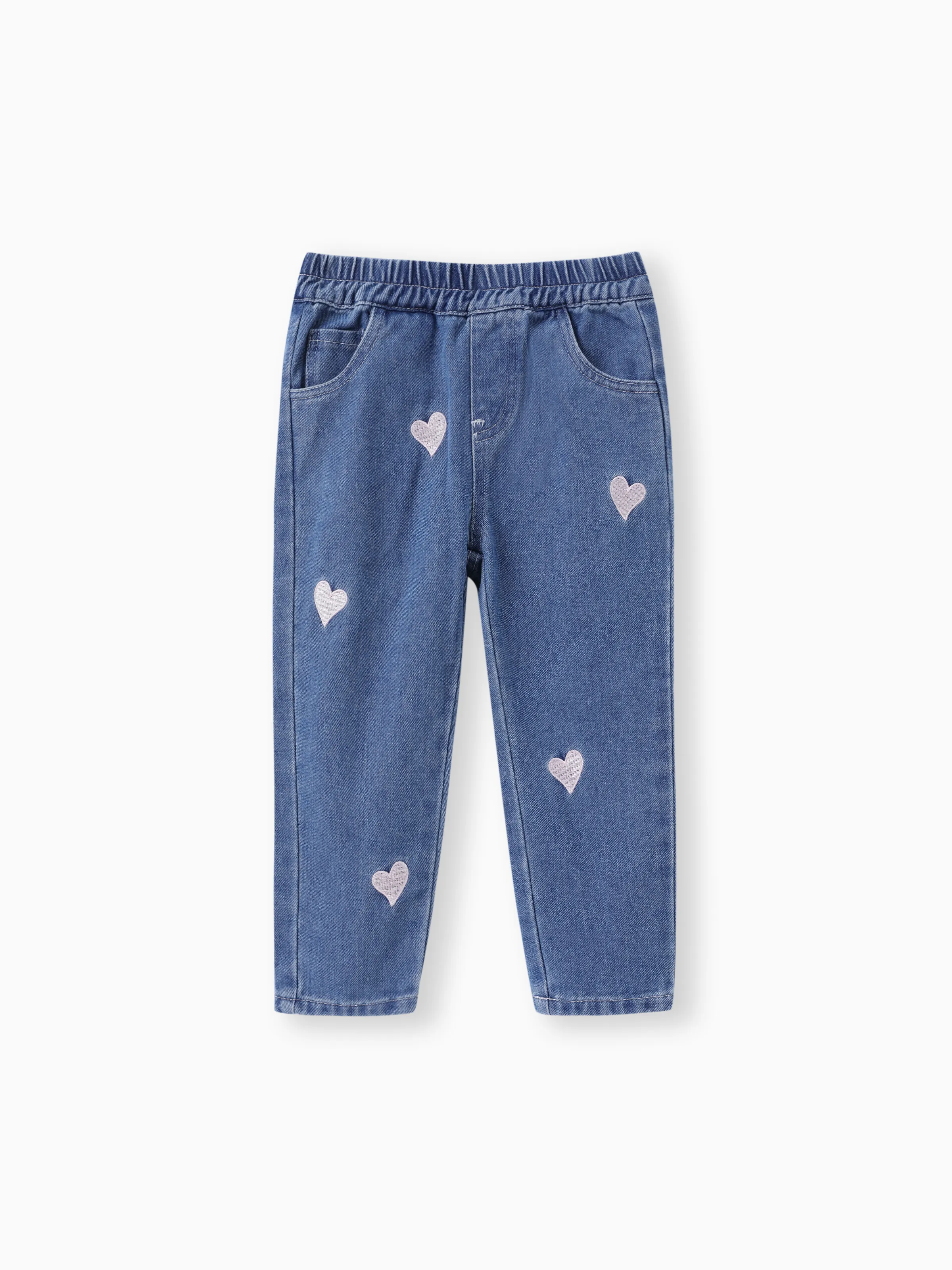 Toddler Girl Heart Embroidered Elasticized Blue Denim Jeans