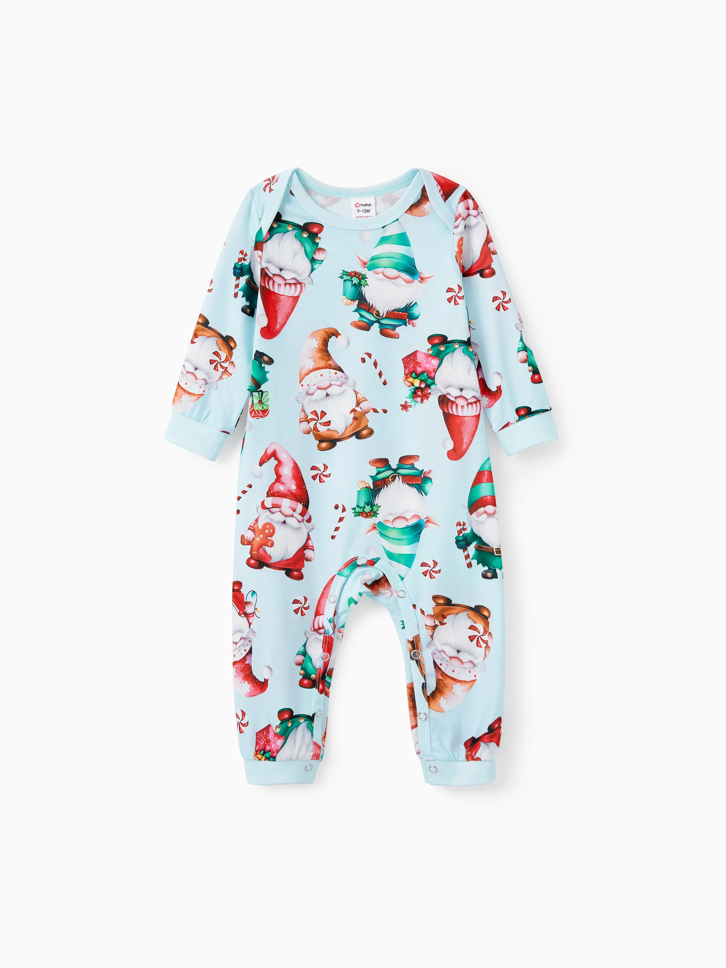 Weihnachten Familie Passende Hellblaue Allover-Pyjama-Sets Mit Zwergmuster Und Kordelzug Und Taschen