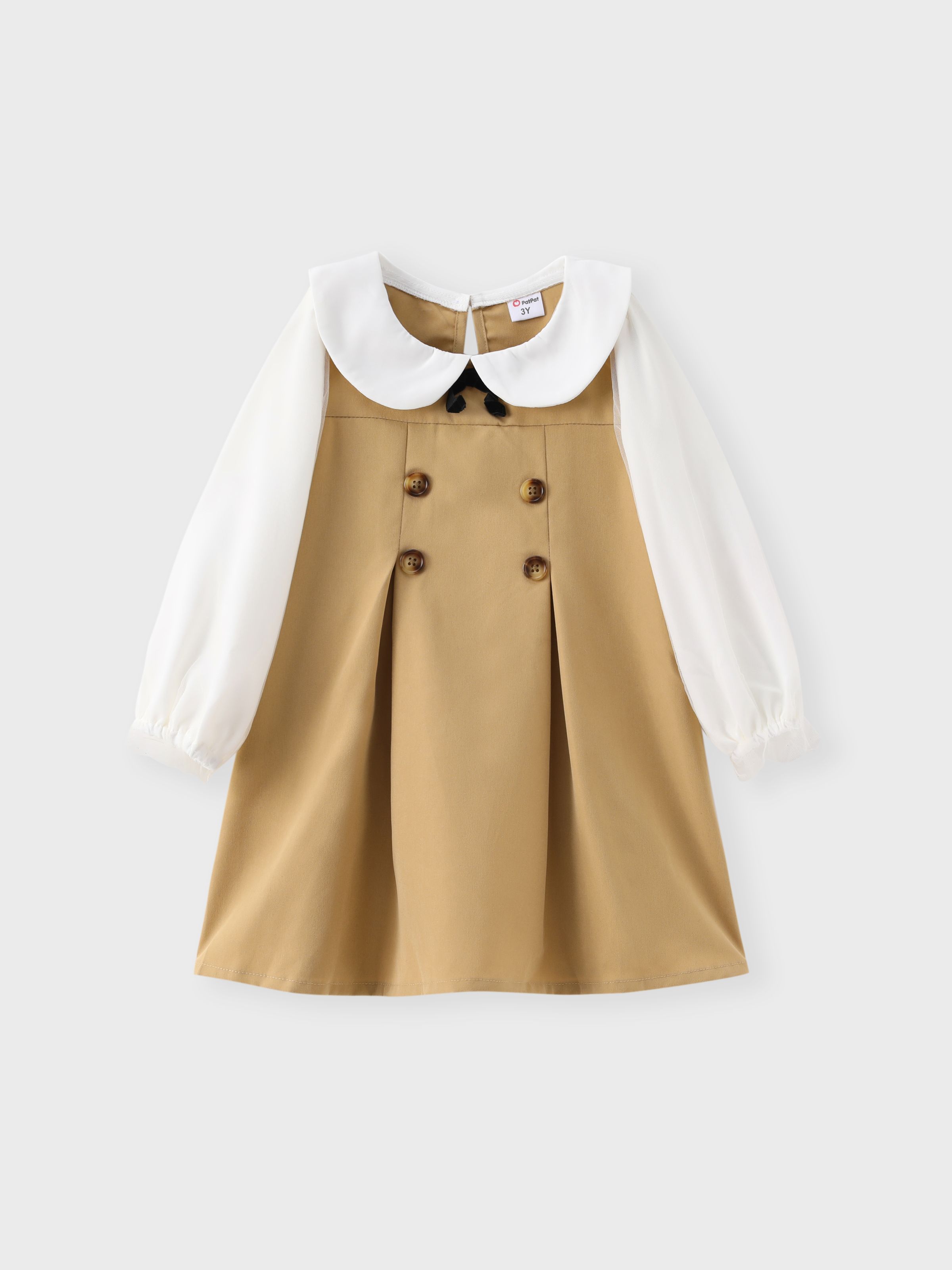 

Toddler Girl Doll Collar Bowknot Design Mesh Long-sleeve Khaki Dress