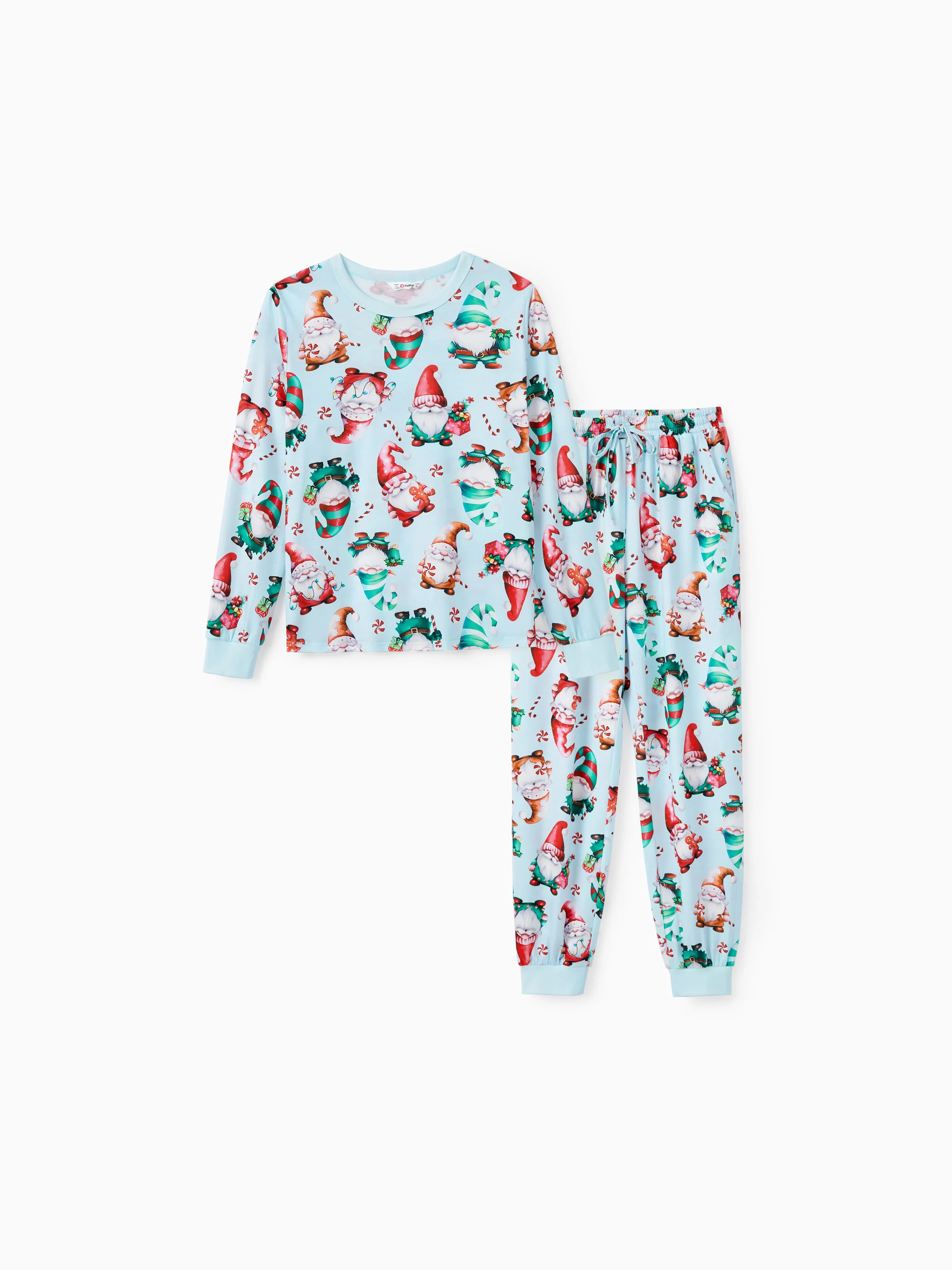 

Christmas Family Matching Light Blue Allover Gnome Pattern Pajamas Sets with Drawstring and Pockets (Flame Resistant)