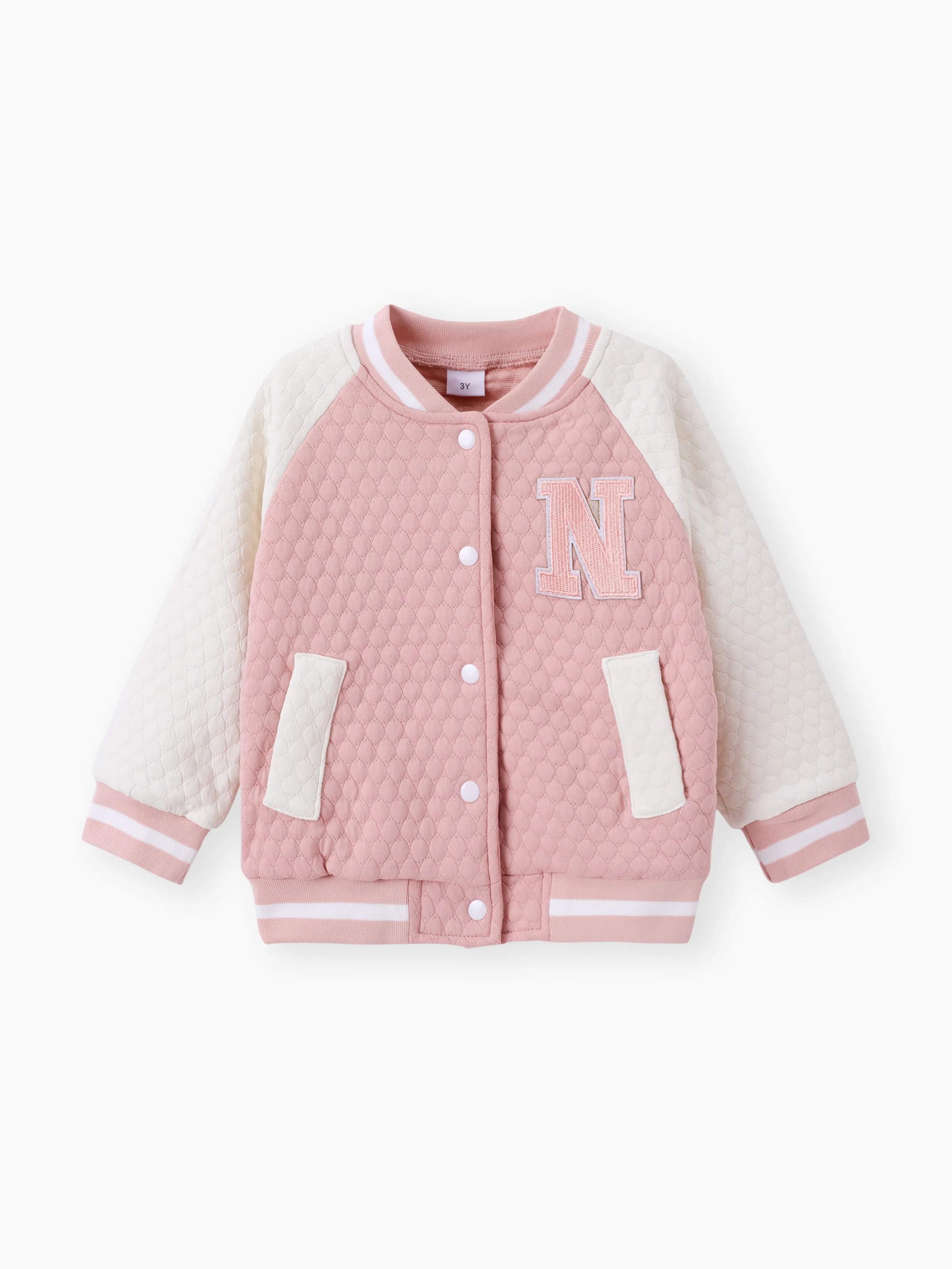 

Toddler Girl 100% Cotton Letter Embroidered Textured Striped Button Design Bomber Jacket