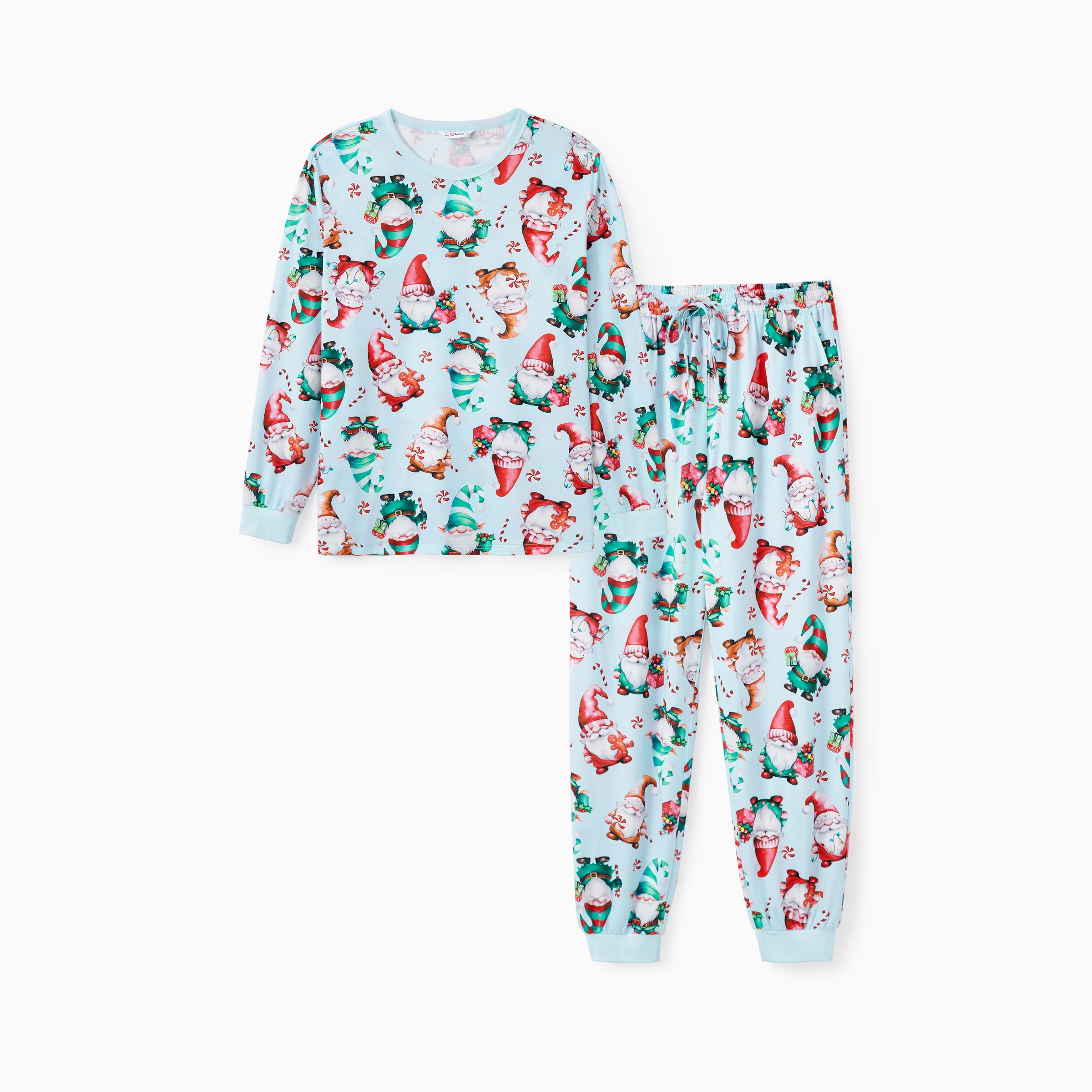 

Christmas Family Matching Light Blue Allover Gnome Pattern Pajamas Sets with Drawstring and Pockets (Flame Resistant)