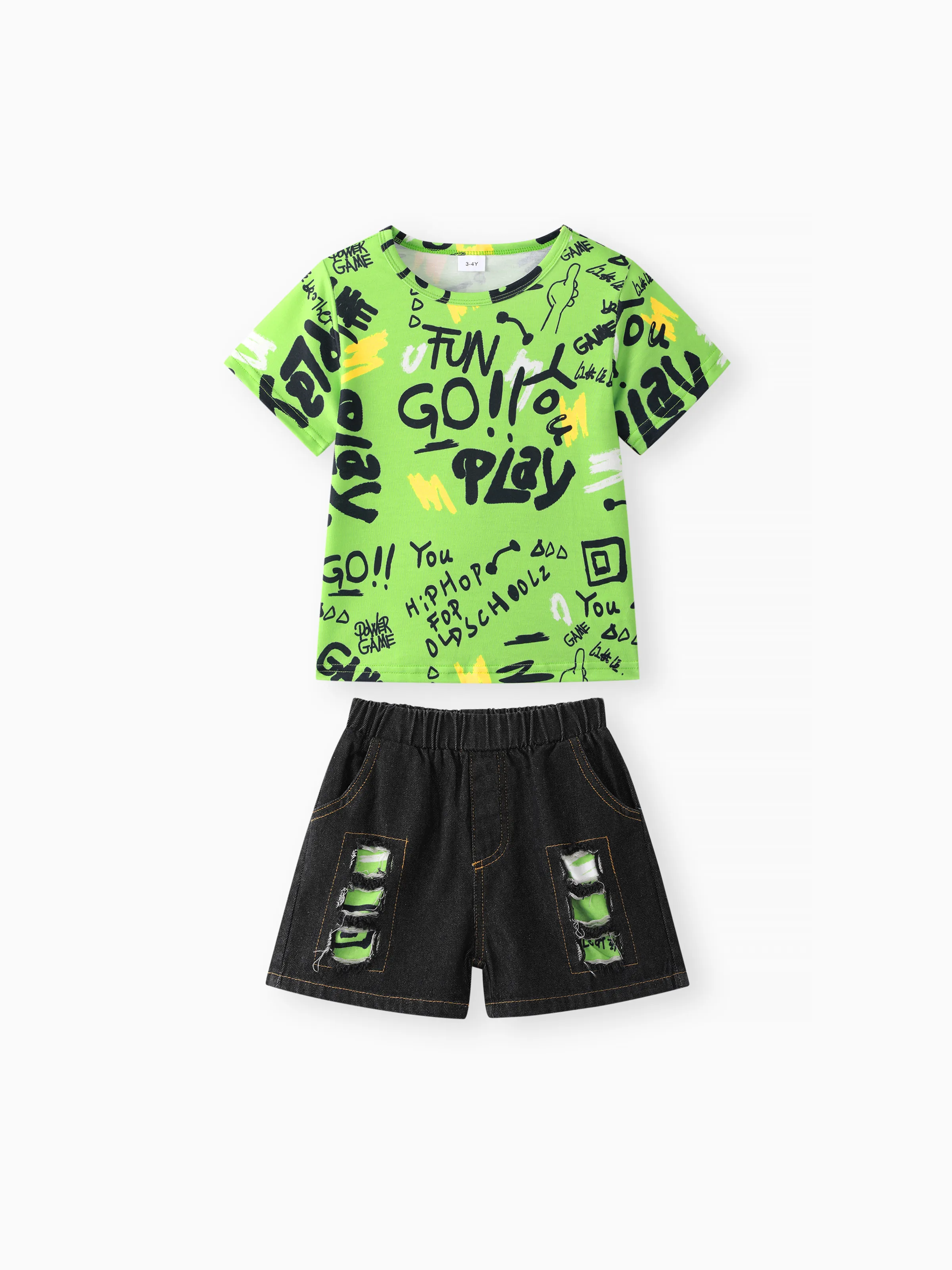 

2pcs Toddler Boy Trendy Ripped Denim Shorts and Letter Print Tee Set