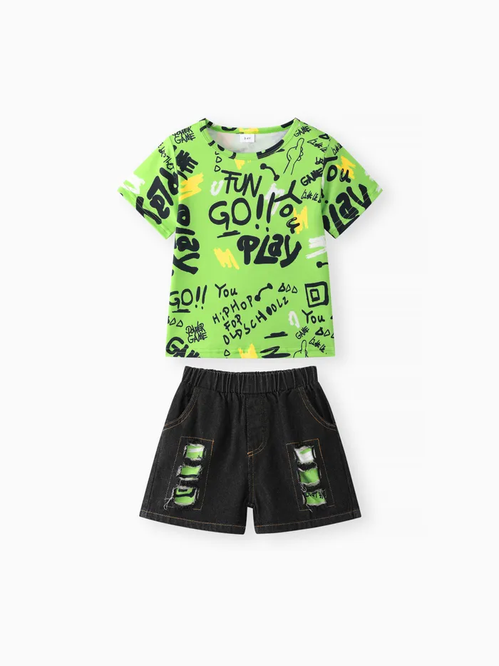 2pcs Toddler Boy Trendy Ripped Denim Shorts and Letter Print Tee Set